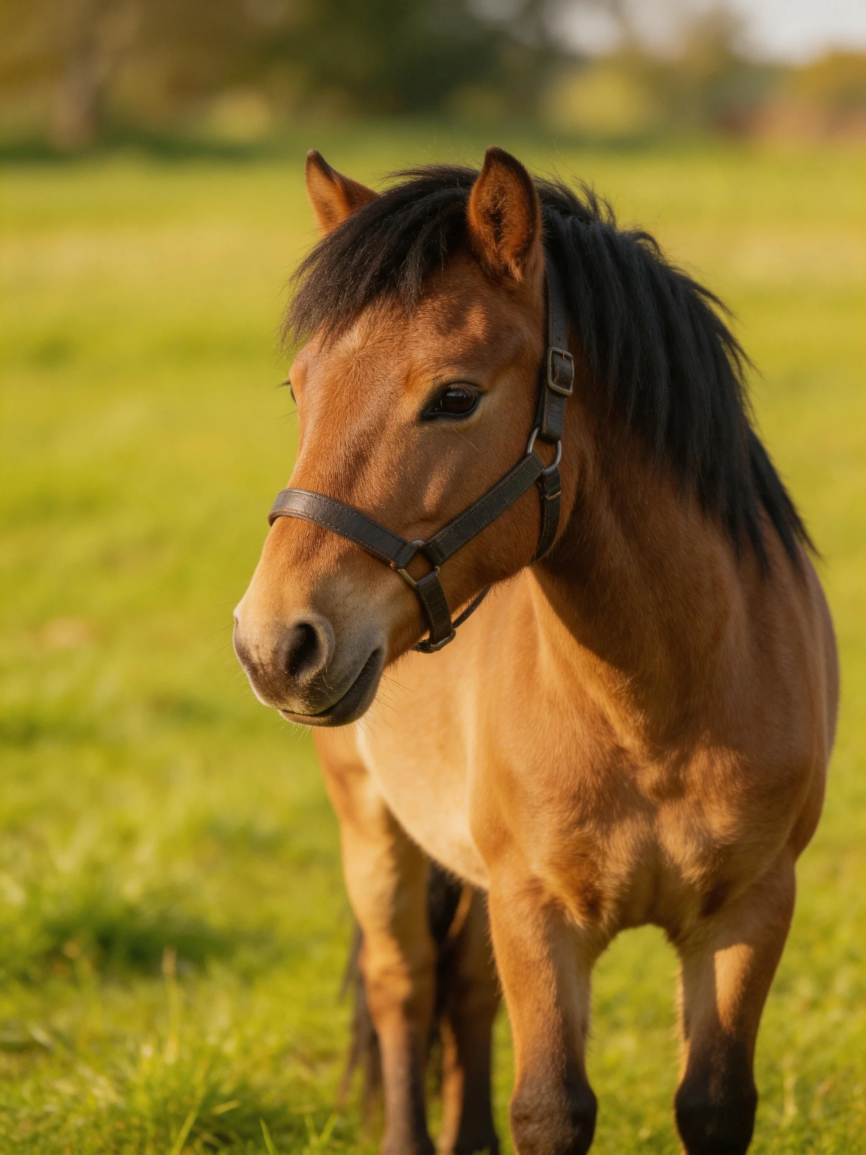 A small brown pony with a black mane stands in a sunlit green meadow