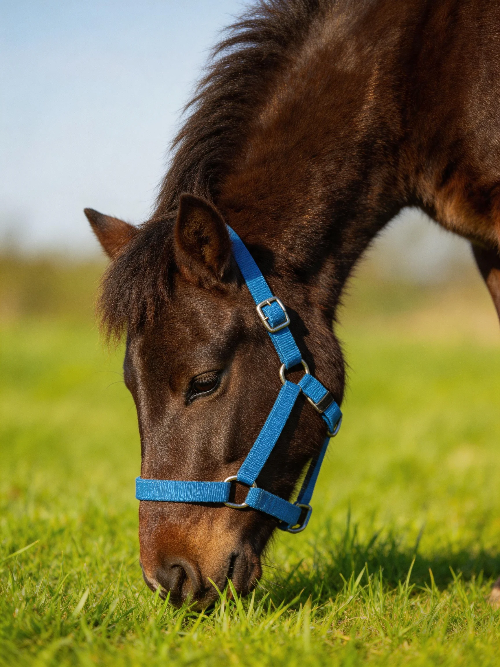 A small brown pony with a bright blue halter grazes in lush green grass