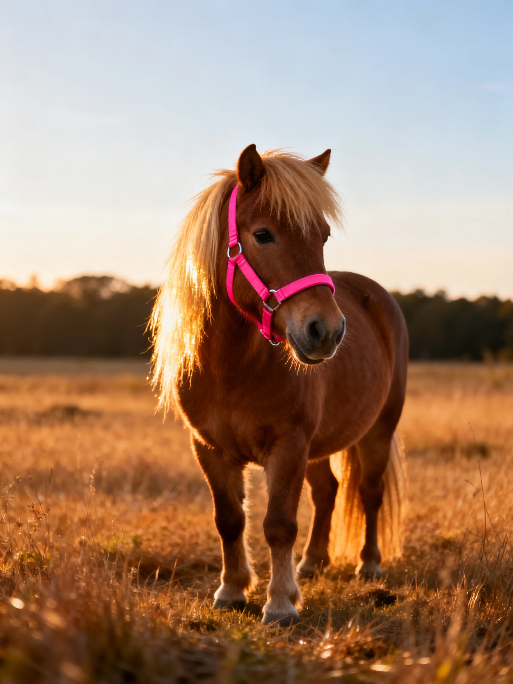 A small brown pony with a bright pink halter in a golden field