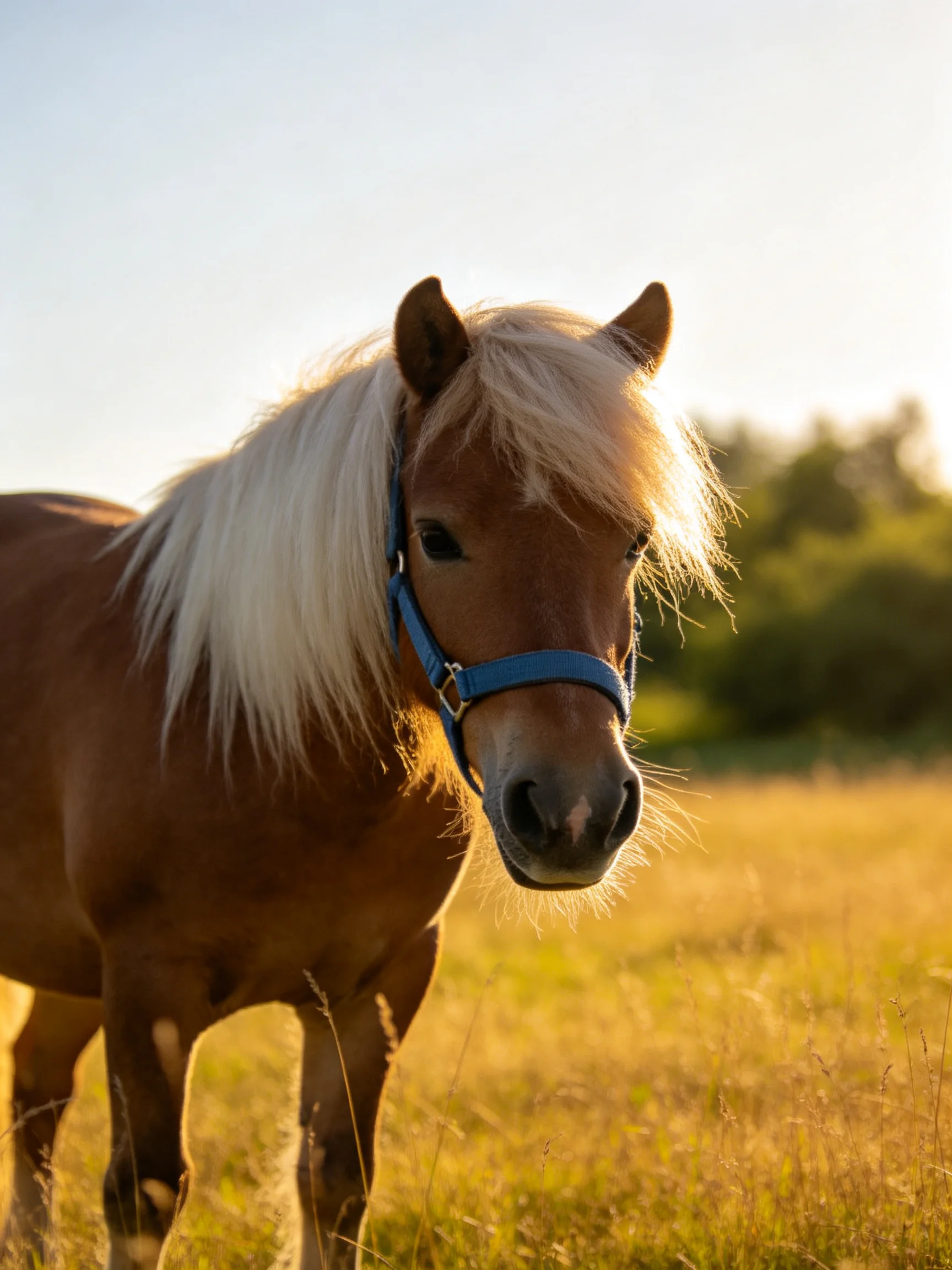 A small brown pony with a long white mane in a golden field