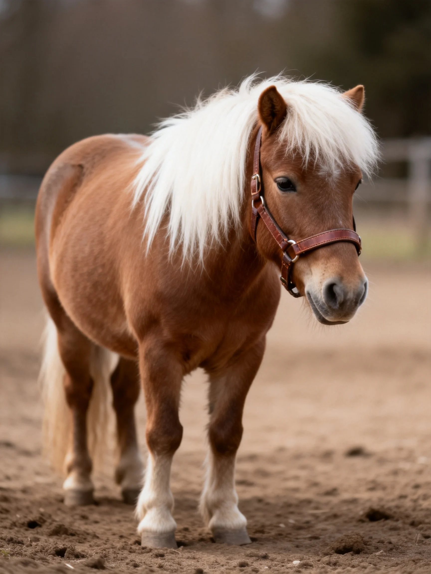 A small brown pony with a long white mane stands on sandy ground