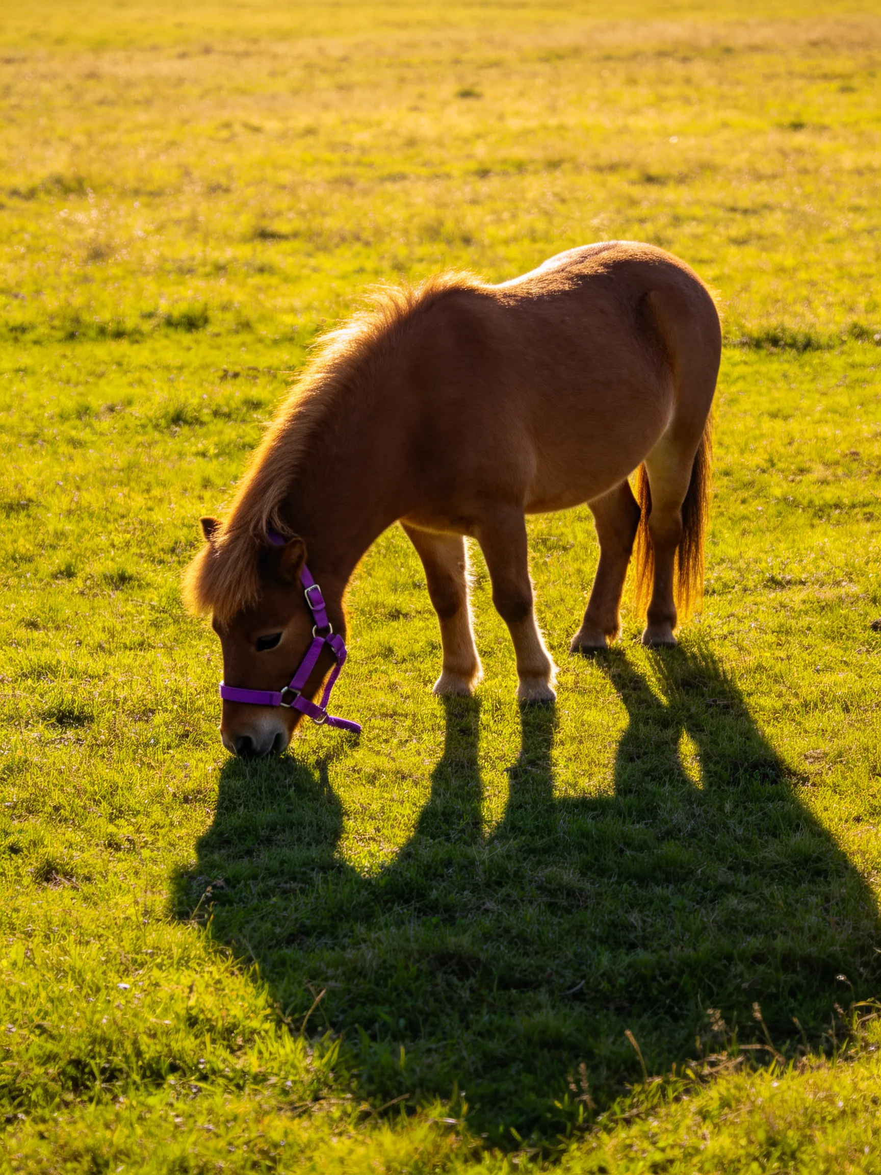 A small brown pony with a purple halter grazing in a golden field