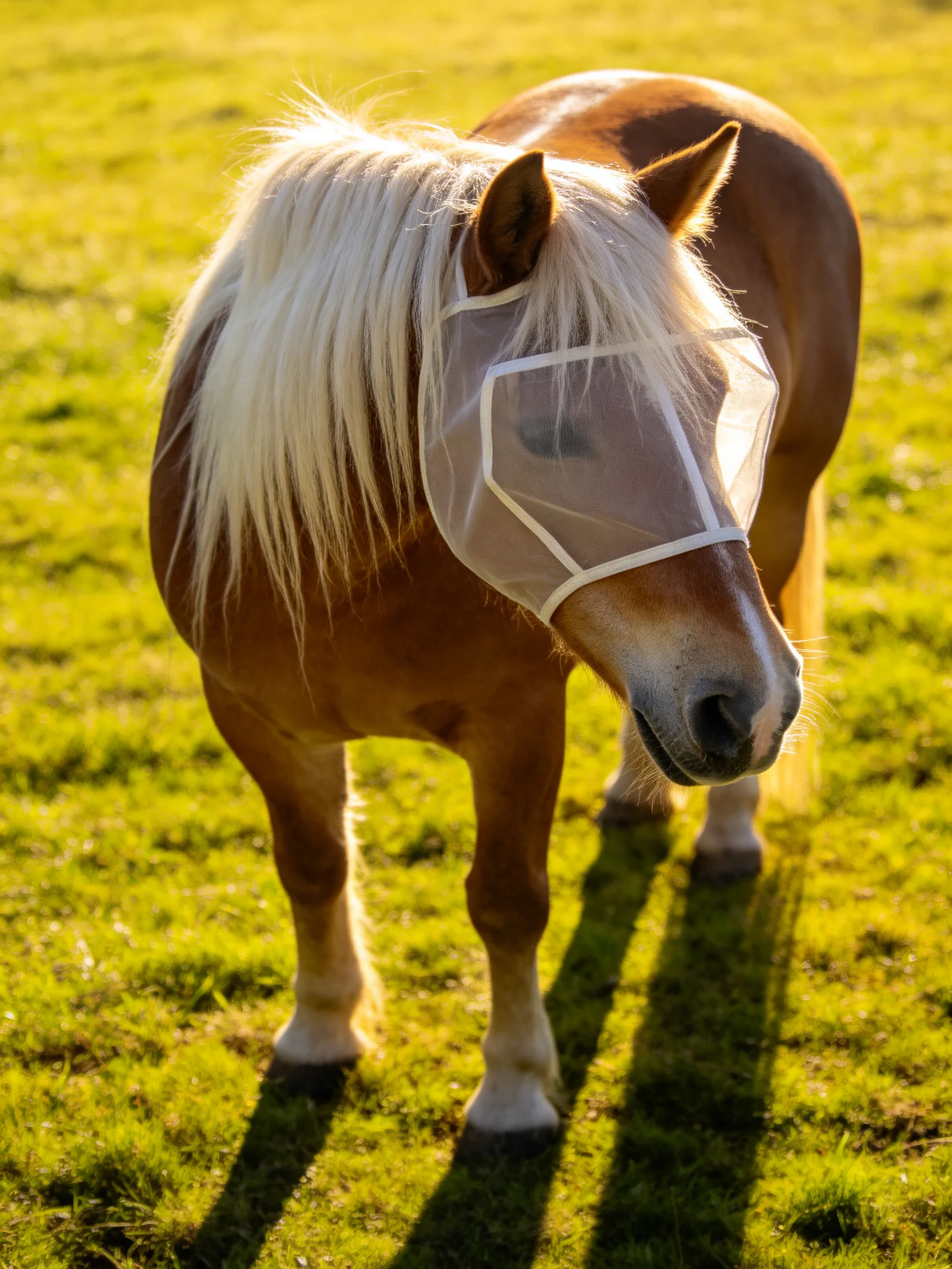 A small brown pony with a white mane wears a fly mask in a sunlit field
