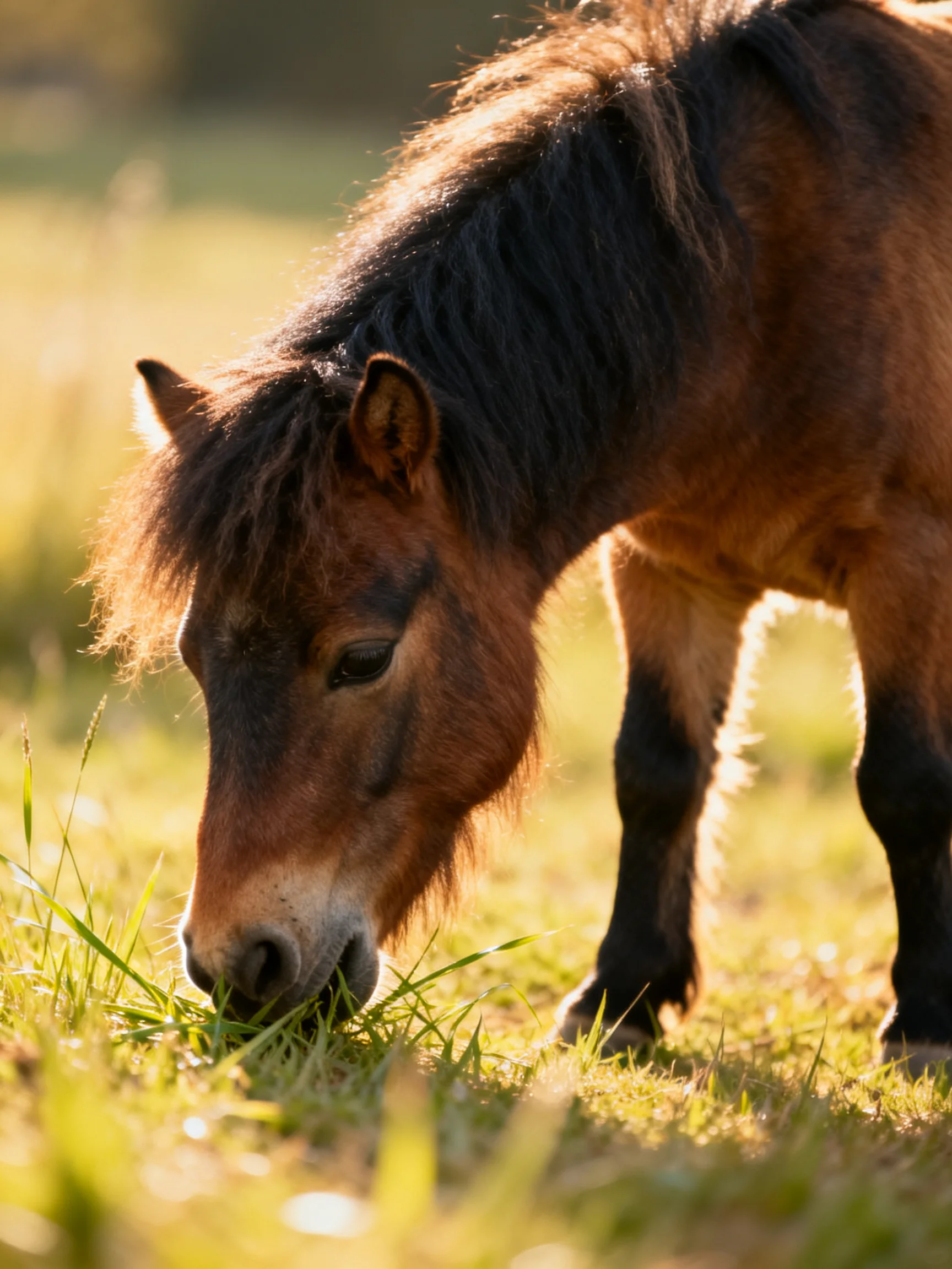 A small brown pony with dark mane grazes in sunlit green meadow