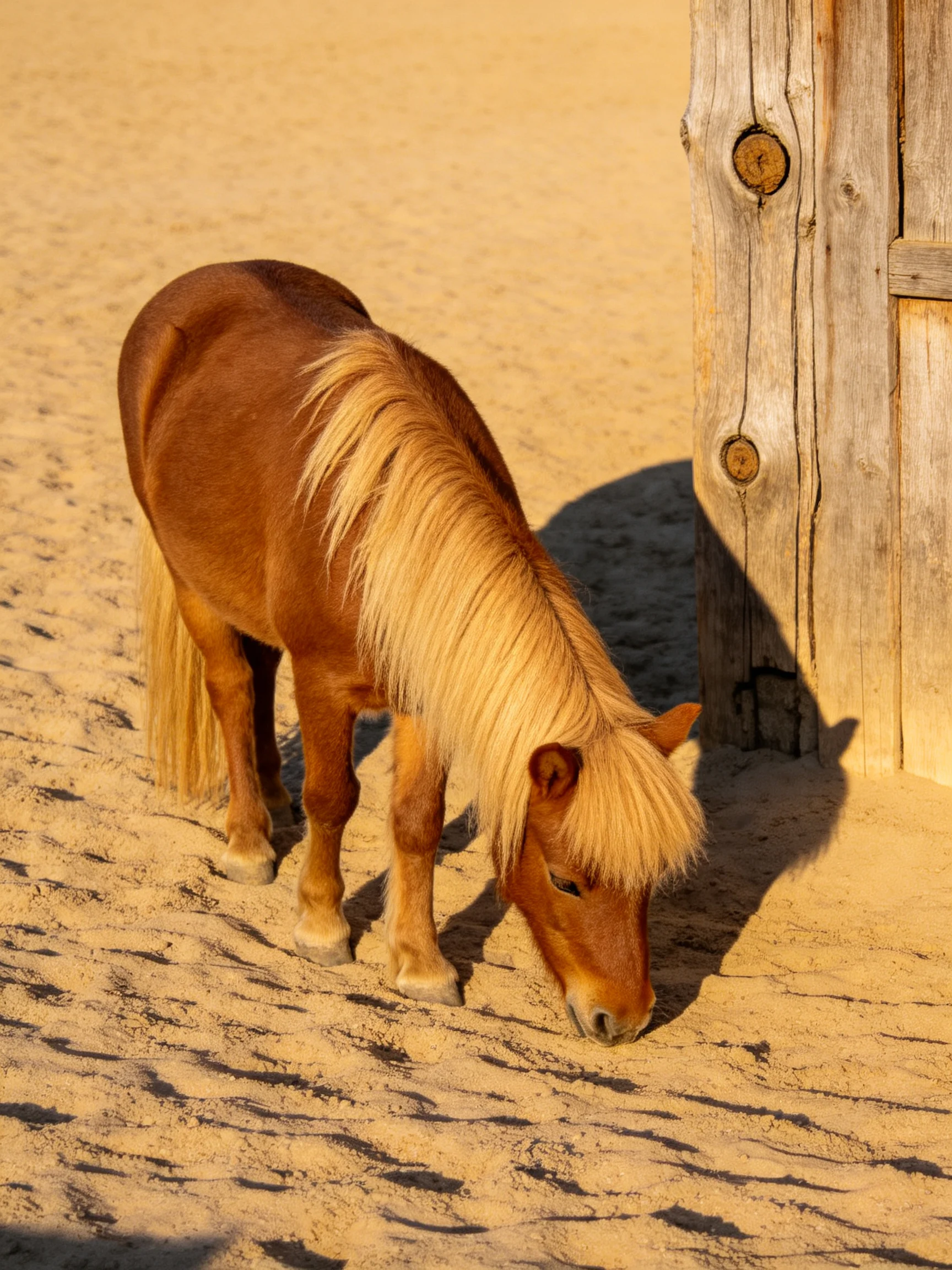 A small brown pony with golden mane grazing on sandy terrain near a weathered wooden post