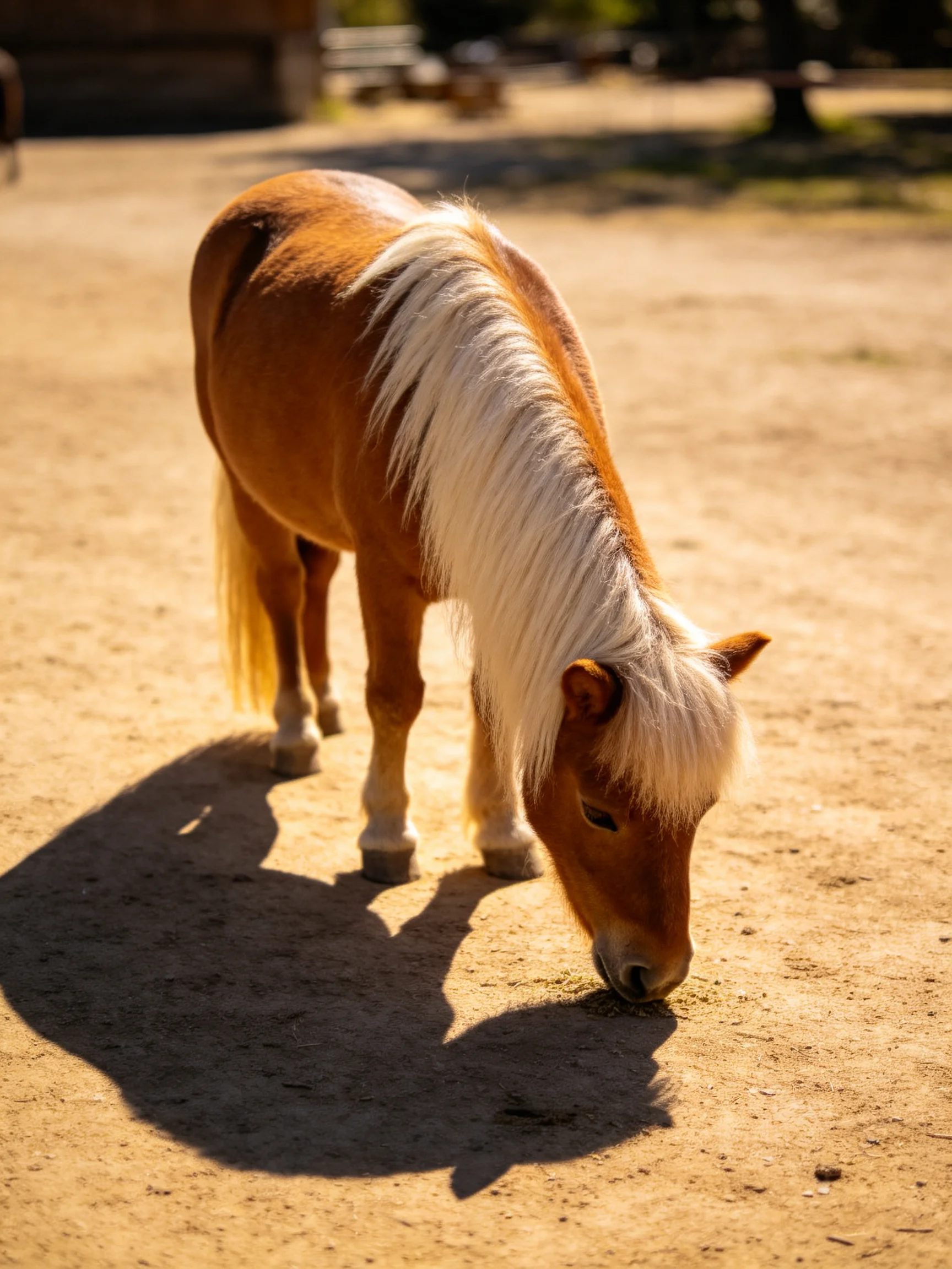 A small brown pony with long white mane grazing on dusty terrain