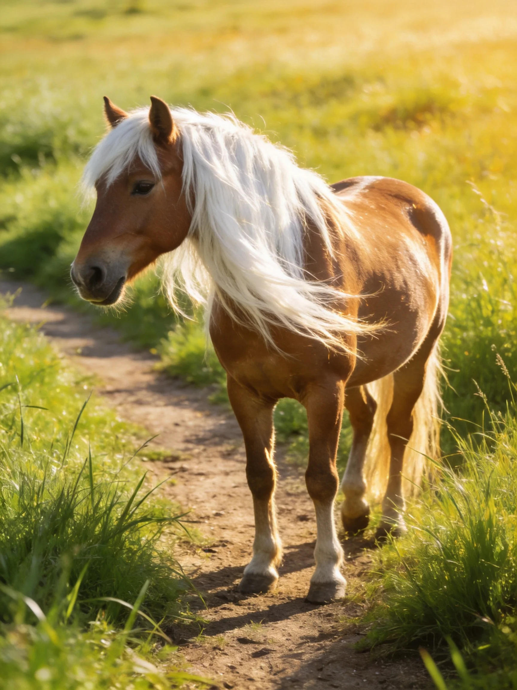 A small brown pony with long white mane walks along a dirt path in a sunlit meadow