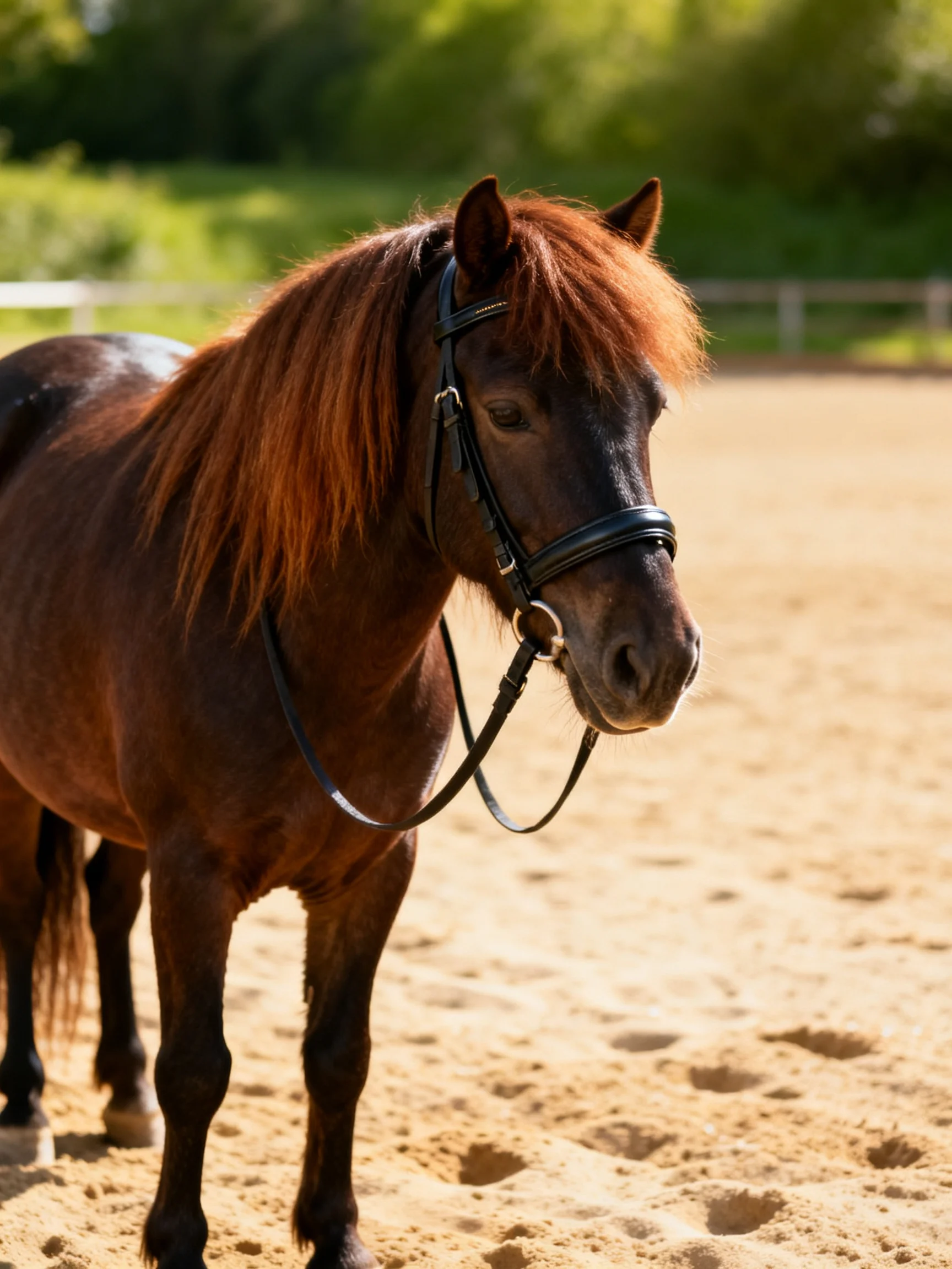 A small brown pony with reddish mane in a sandy arena