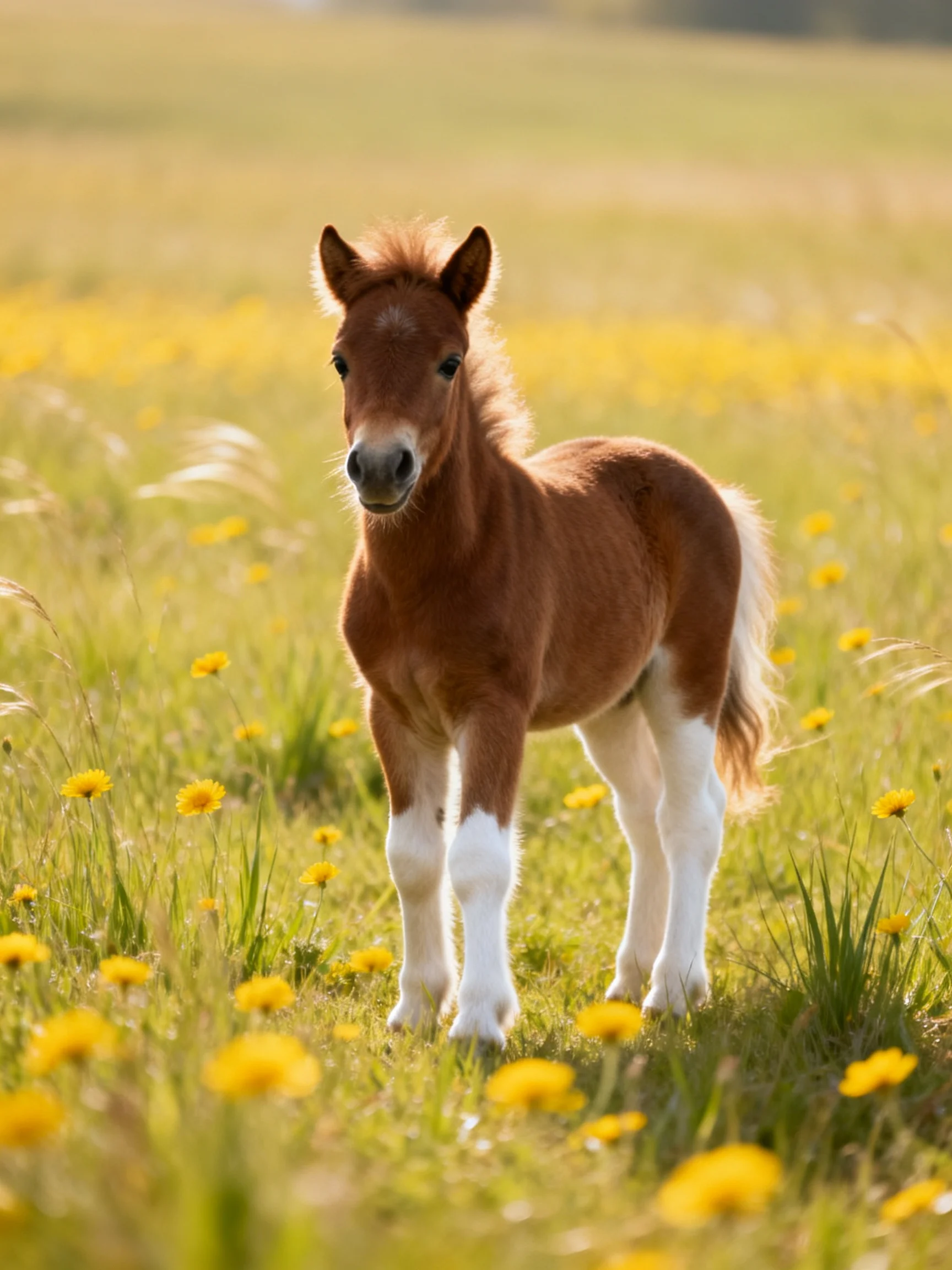 A small brown pony with white legs in a yellow-flowered meadow