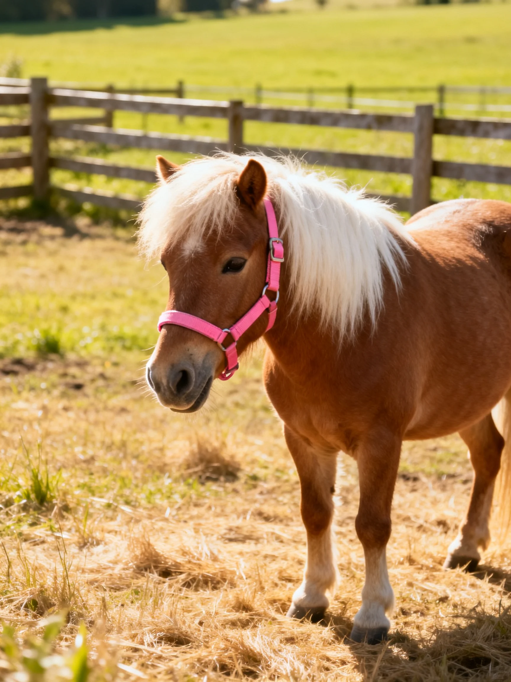 A small brown pony with white mane and pink halter near wooden fence