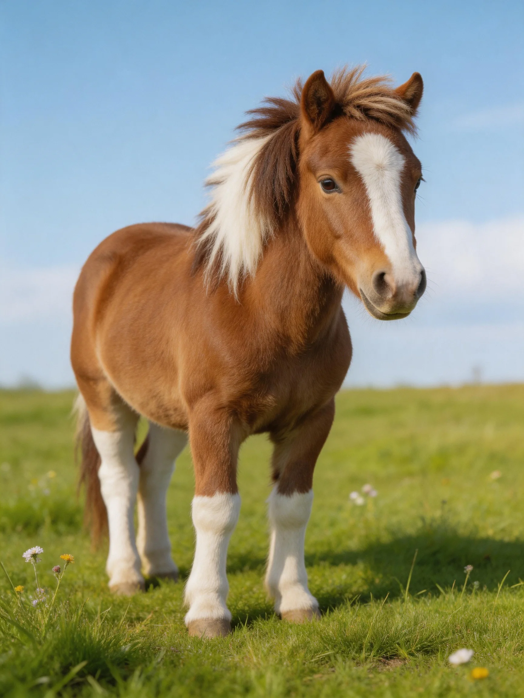 A small brown pony with white markings in a green meadow