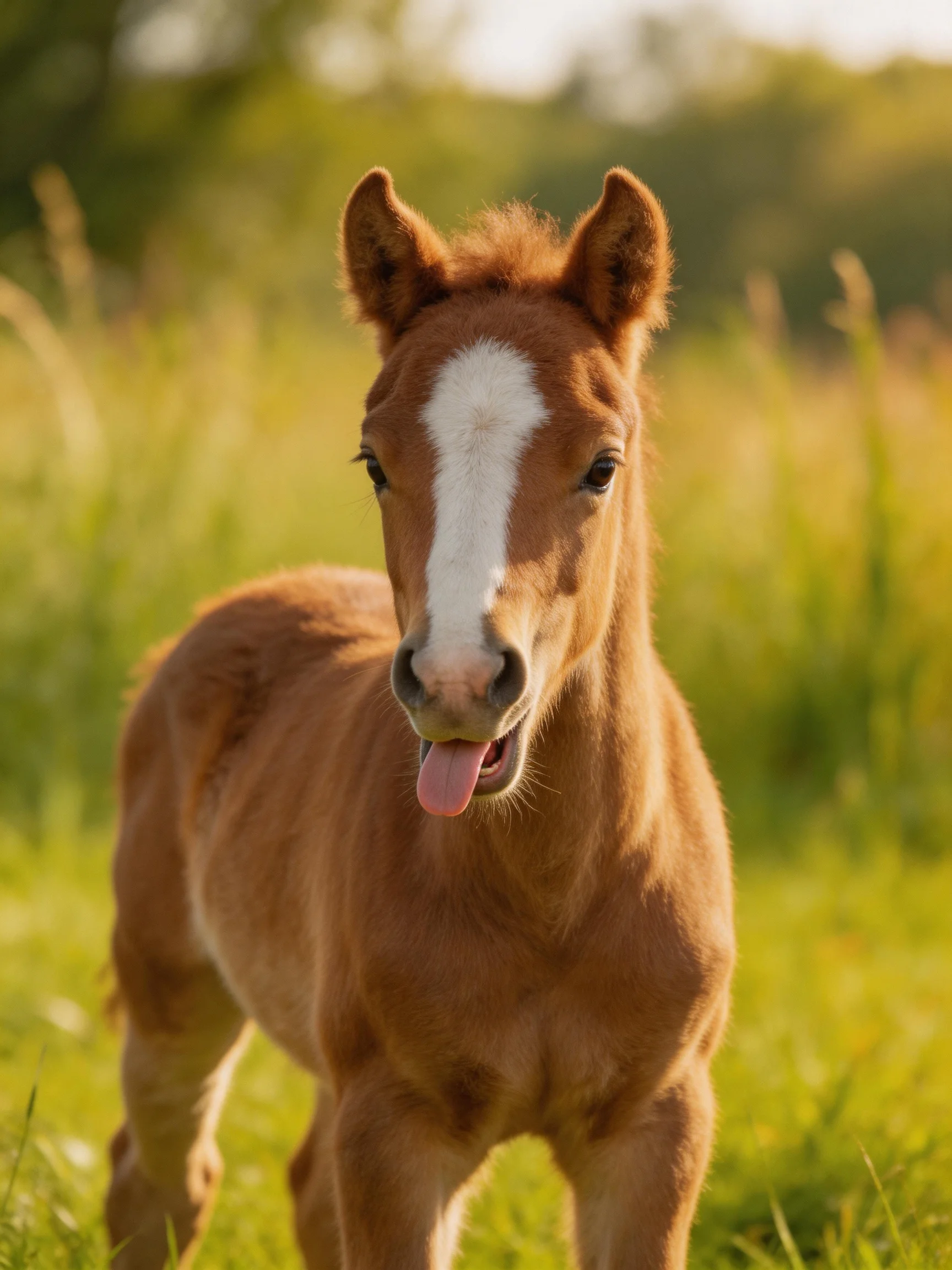 A young chestnut foal with a white facial marking stands in a sunlit grassy field.
