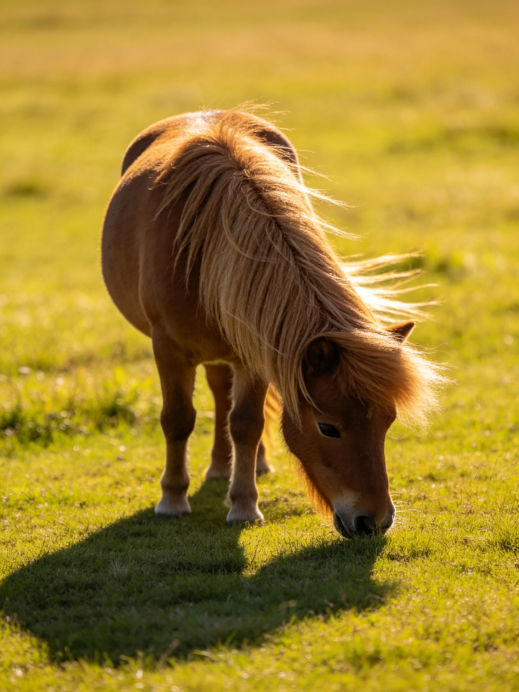 A small chestnut pony grazes in a sunlit green meadow