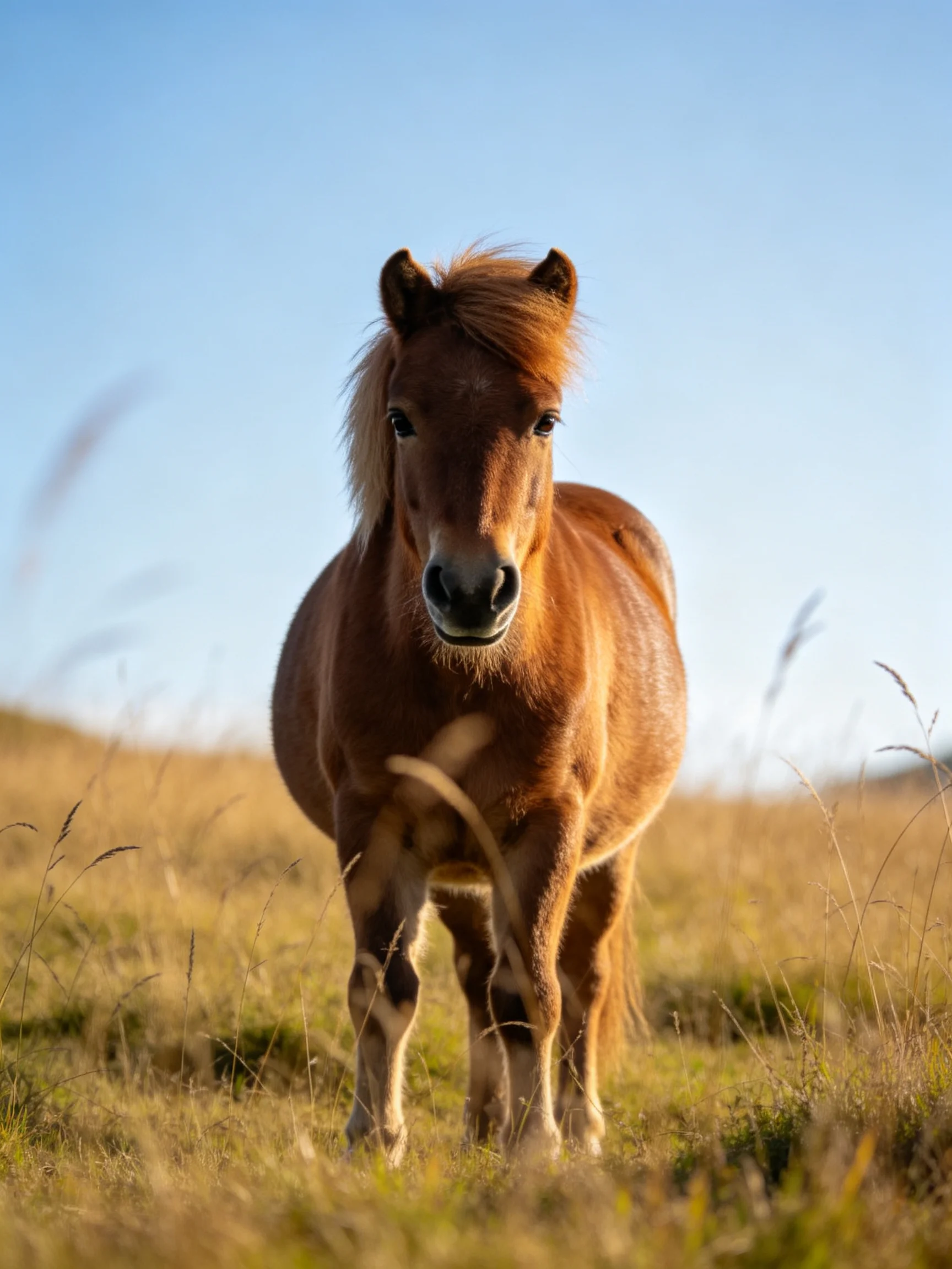 A small chestnut pony stands in a golden field with clear blue sky