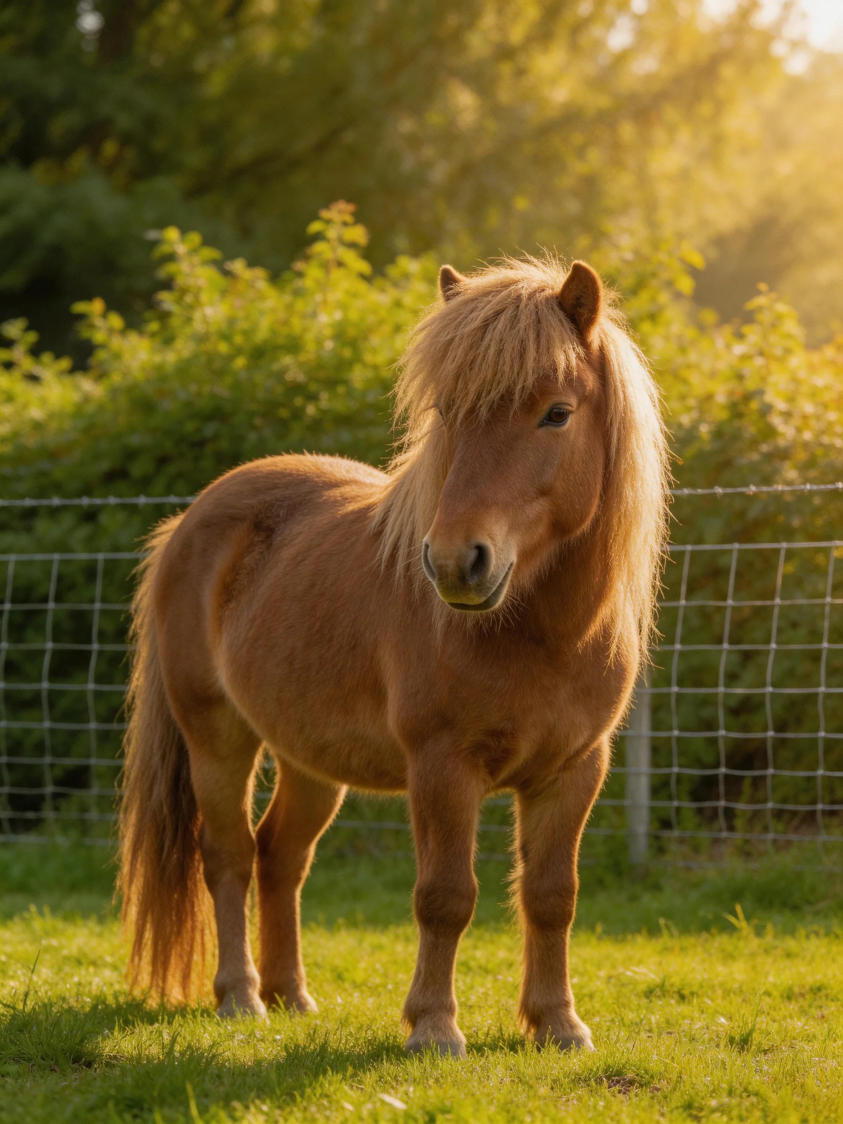 A small chestnut pony stands in a sunlit fenced pasture