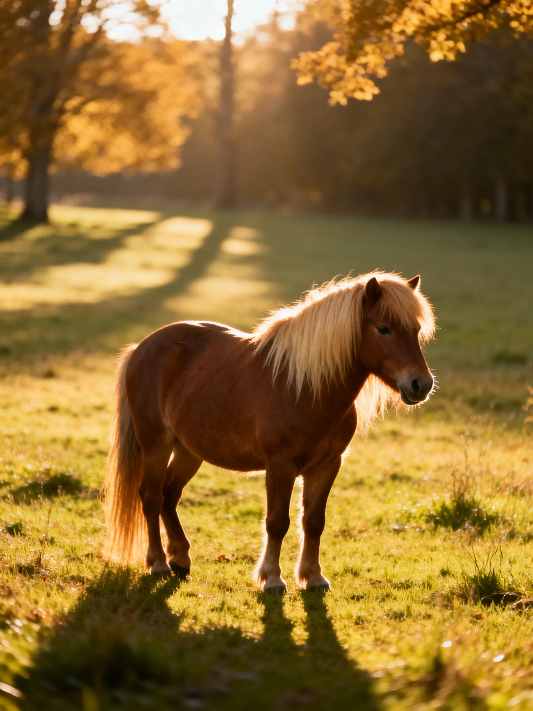 A small chestnut pony stands in a sunlit grassy meadow with golden trees