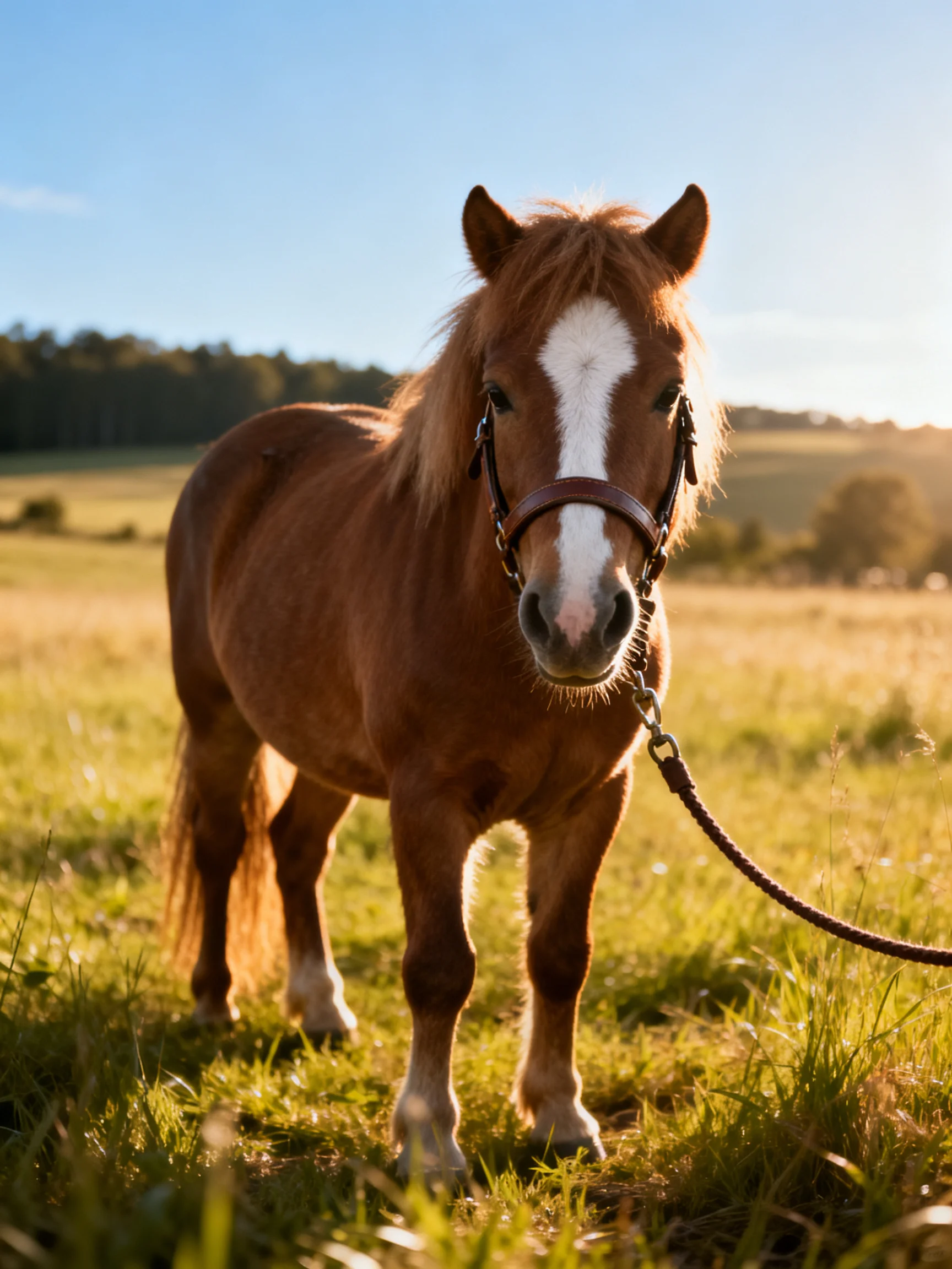 A small chestnut pony with a white blaze in a golden field
