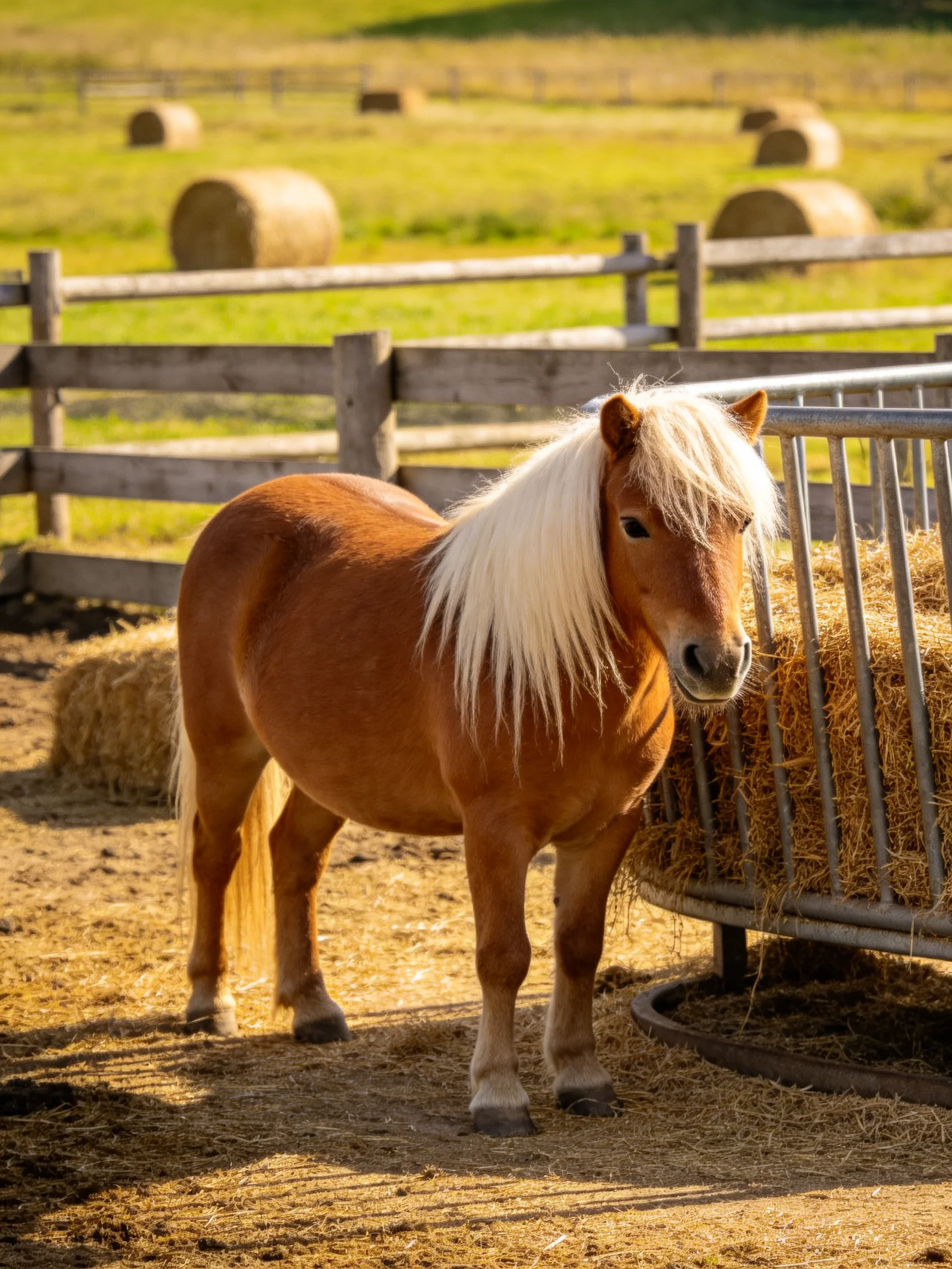 A small chestnut pony with long white mane near hay feeder