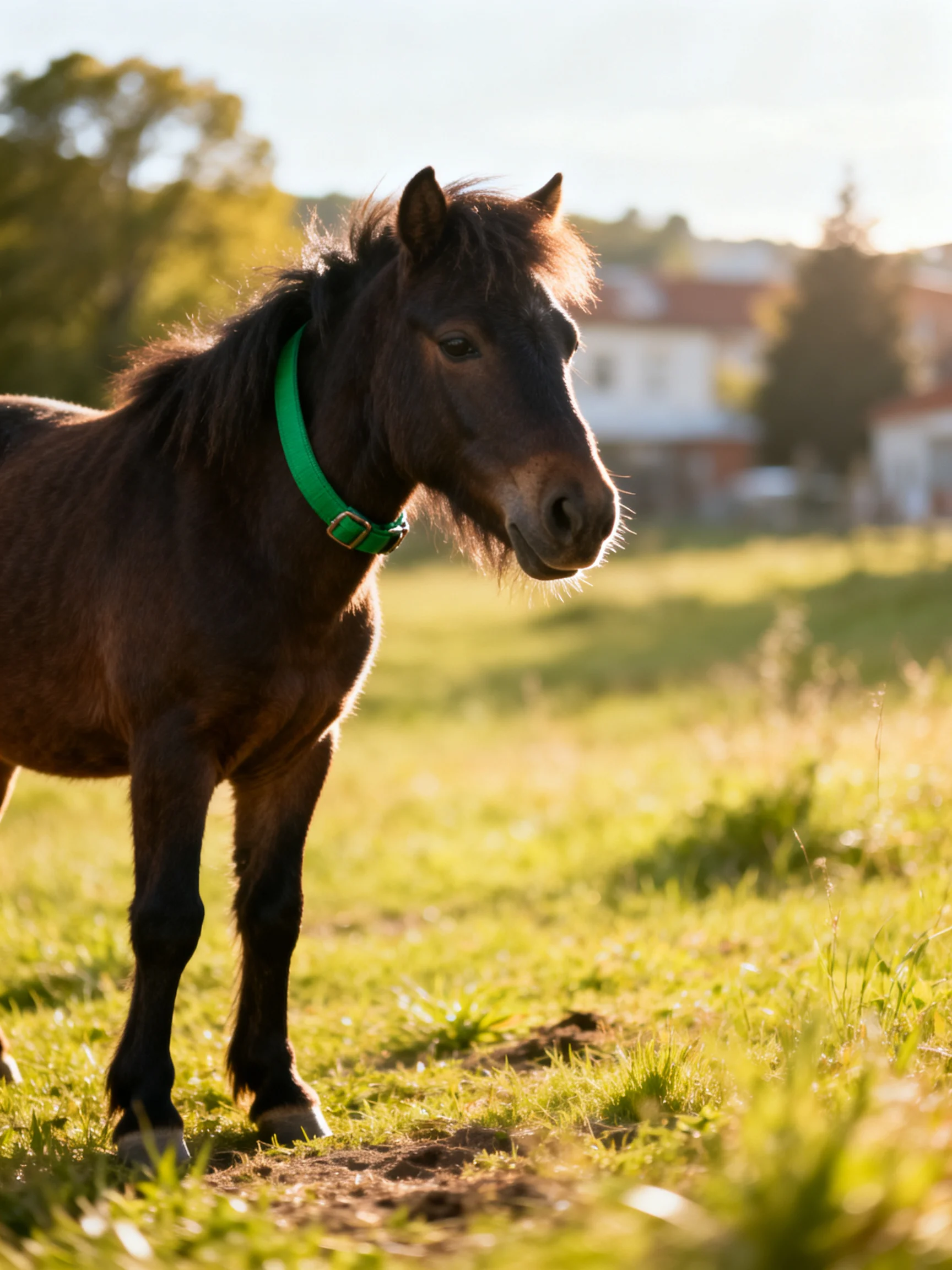 A small dark brown pony with a bright green collar in a sunlit meadow