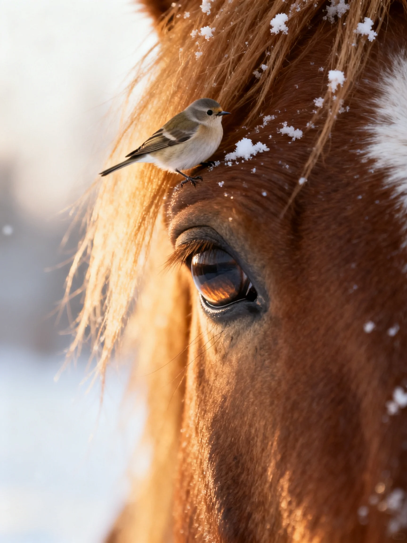 A small gray bird perches on a brown horse with scattered snowflakes