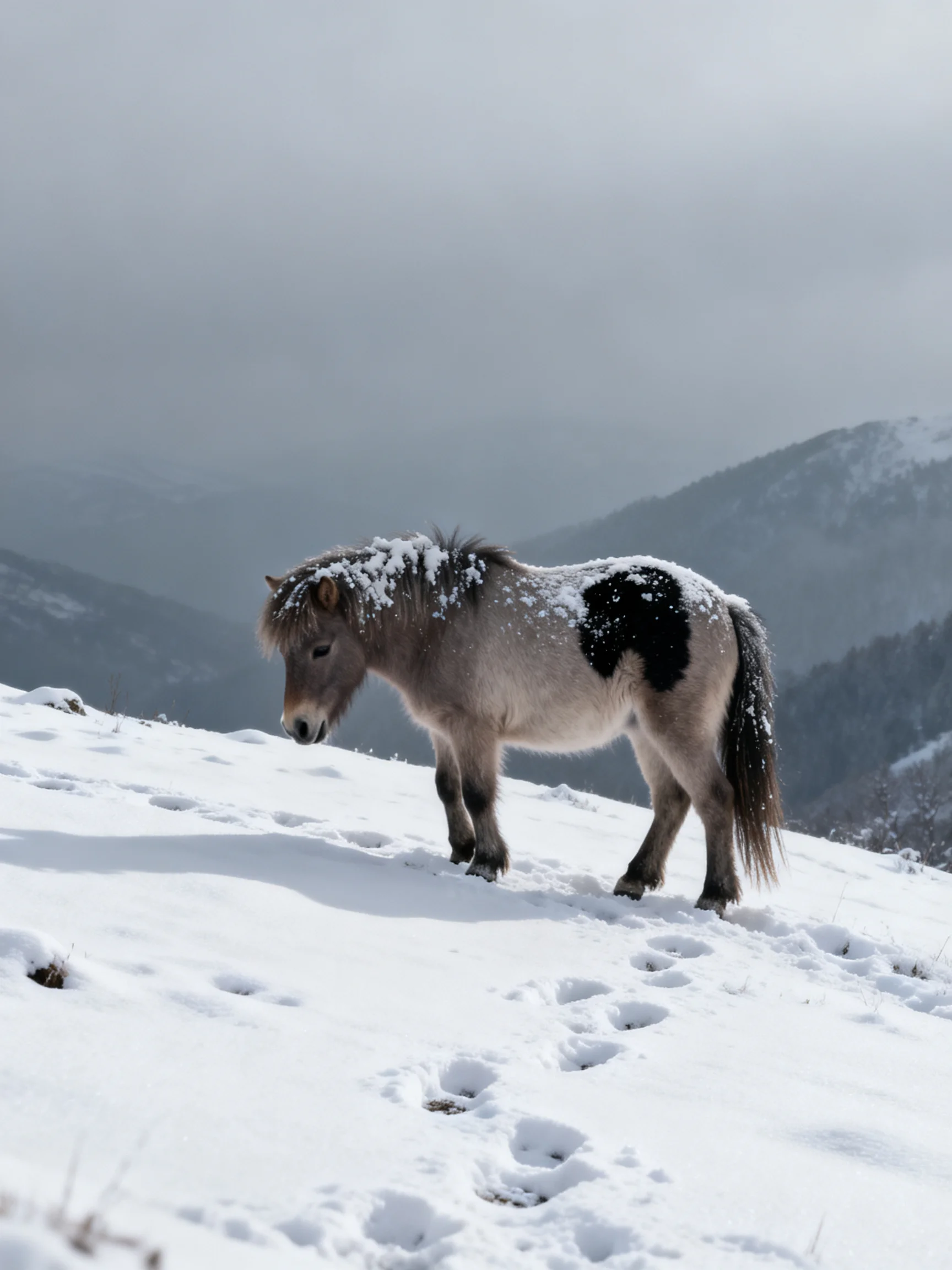 A small gray pony with black patches stands on a snow - covered mountain slope.