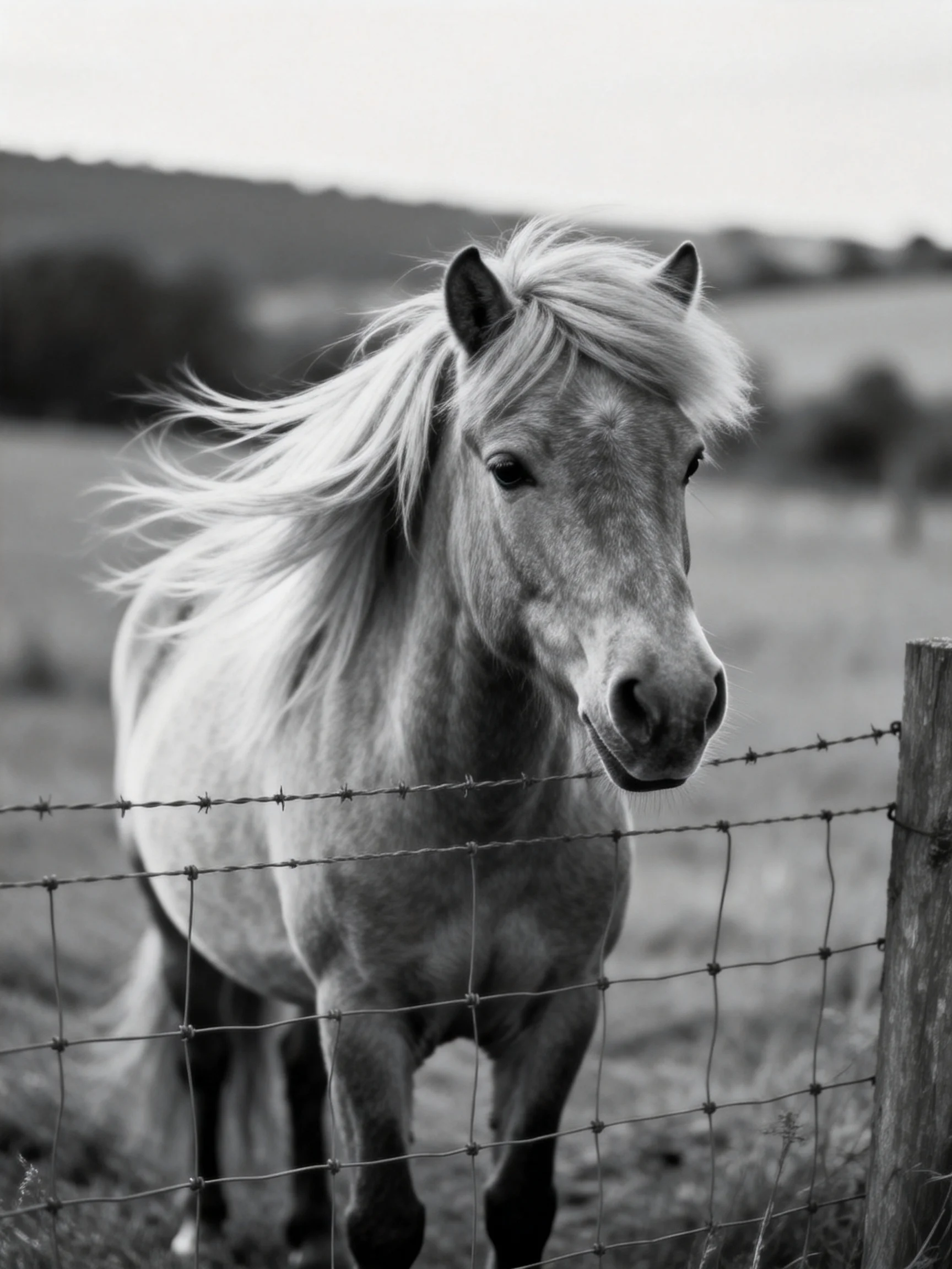 A small pony with flowing mane near barbed wire fence