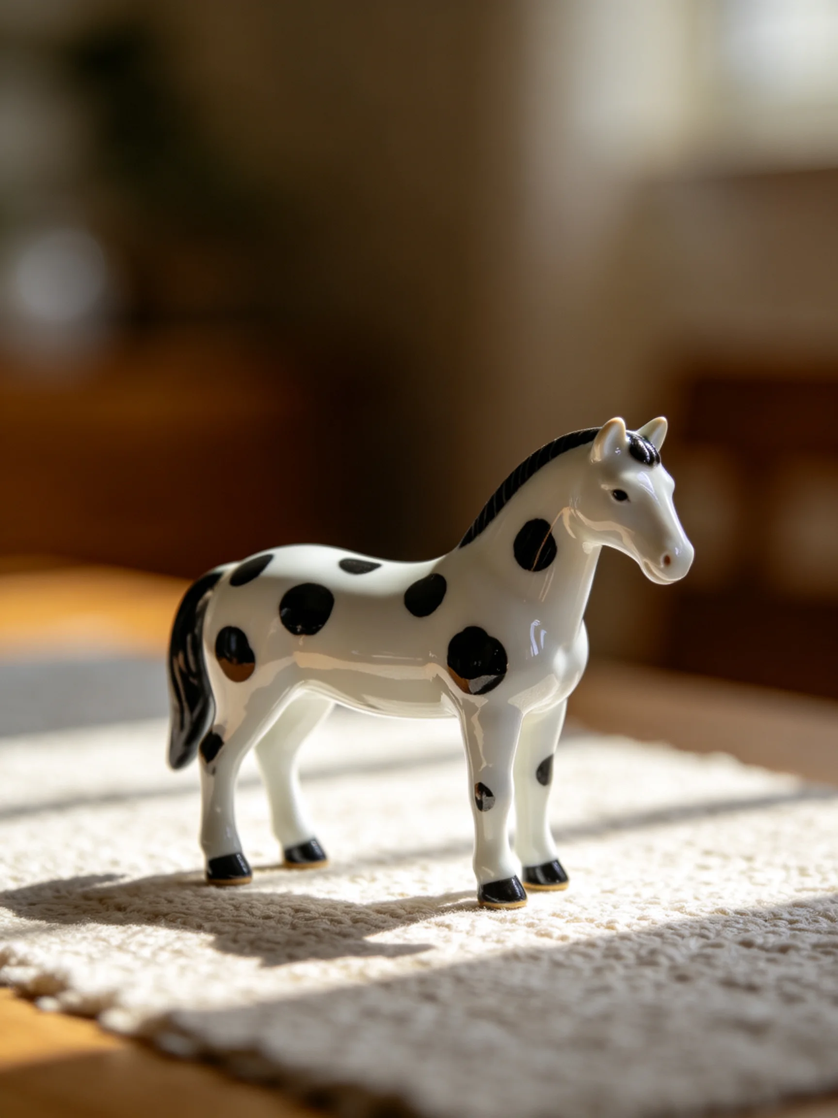A small spotted ceramic horse figurine on a textured mat
