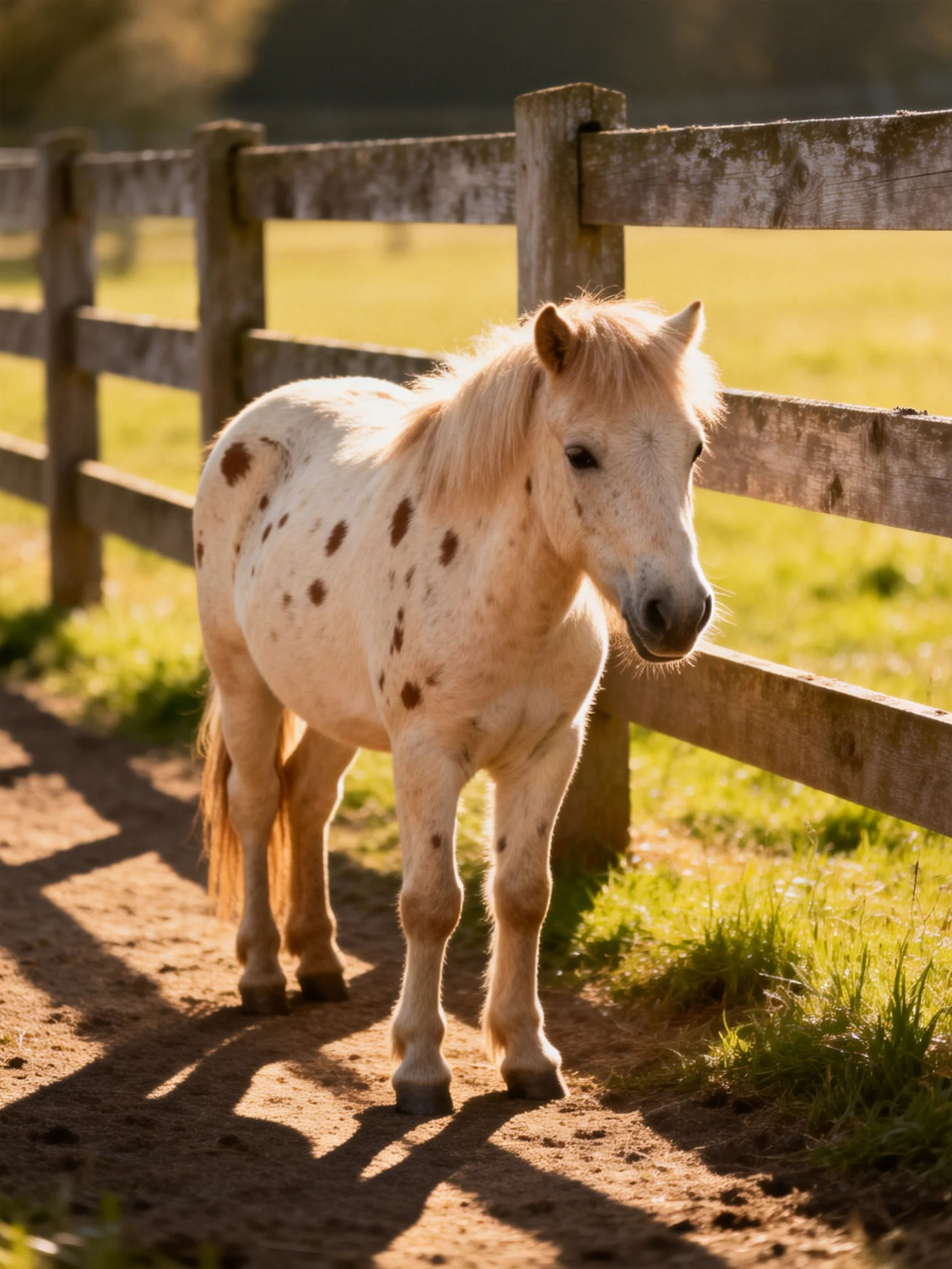 A small spotted pony near an aged wooden fence in a sunlit field