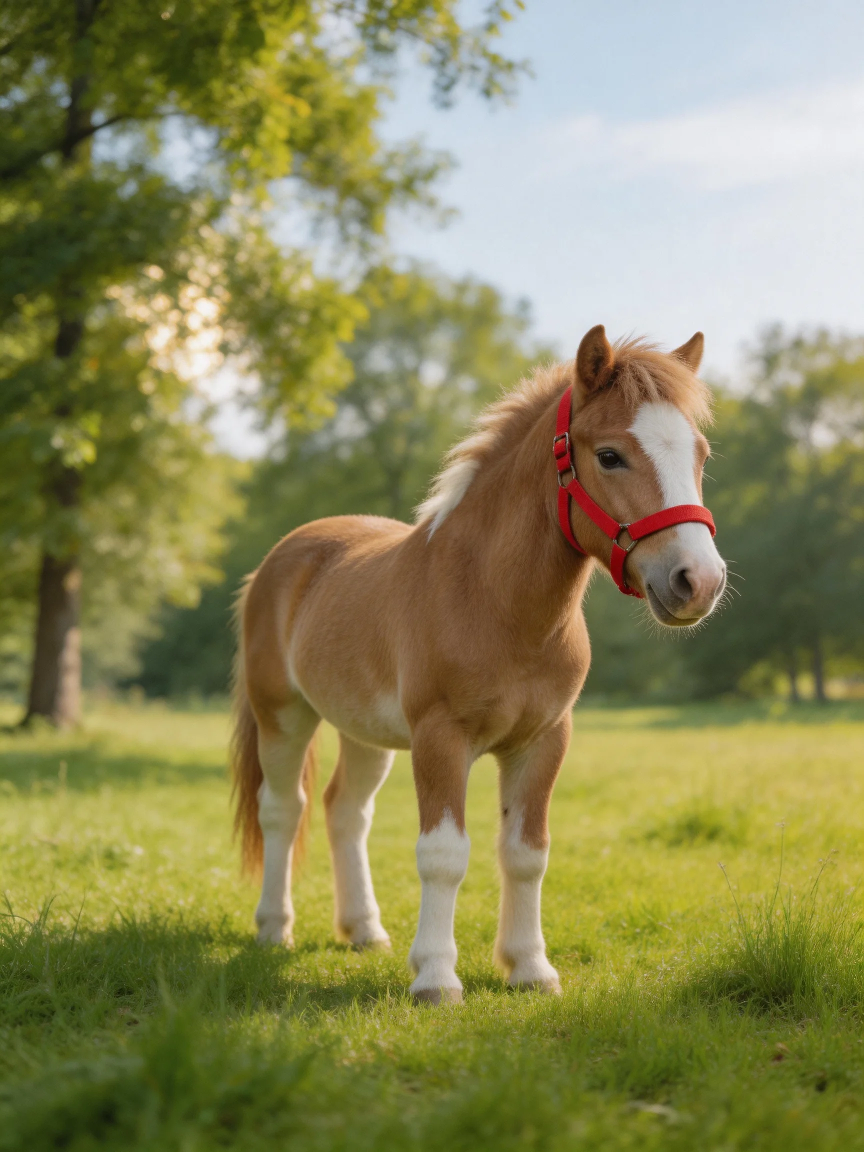 A small tan and white pony with a red halter stands in a green meadow