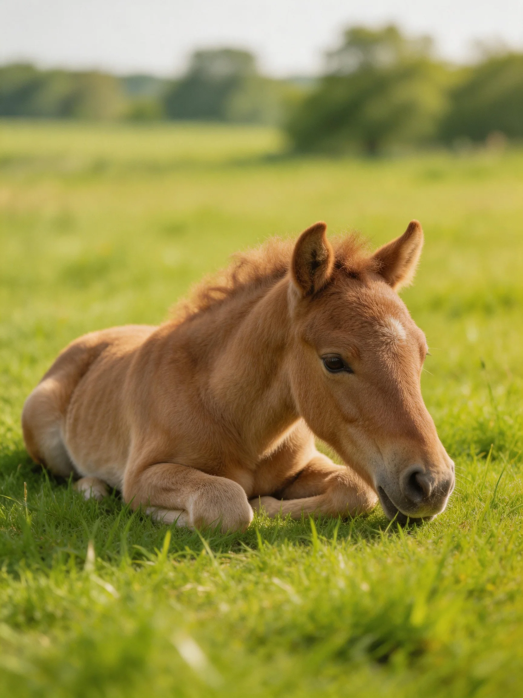 A small tan foal rests on lush green grass in an open field