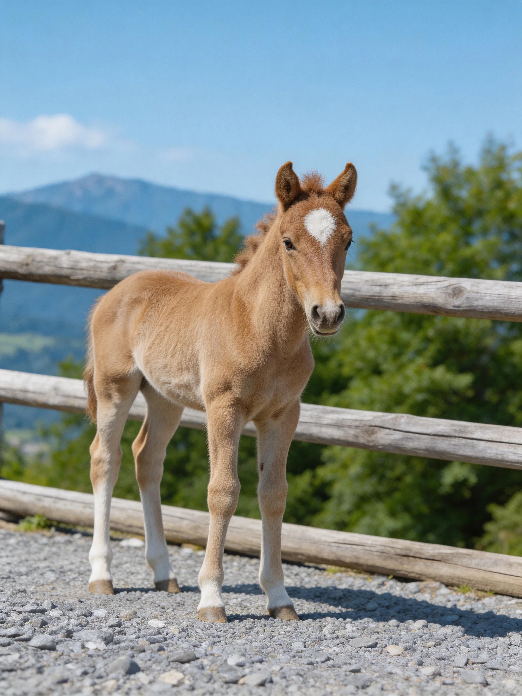 A small tan foal stands near a weathered wooden fence with mountain backdrop