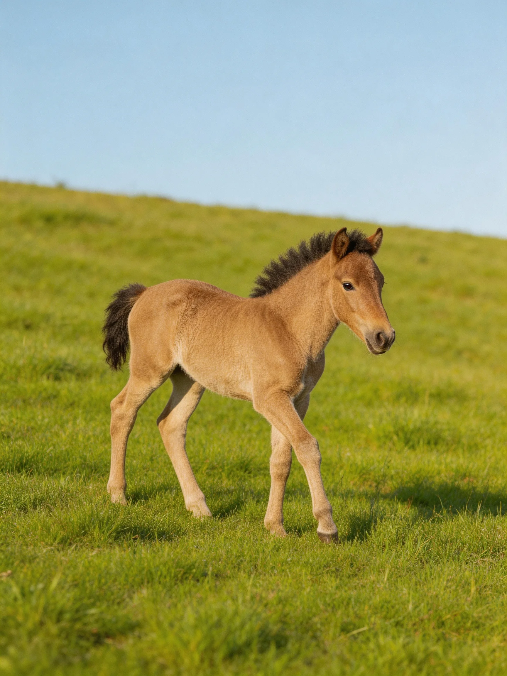 A small tan foal trotting on a lush green grassy hillside