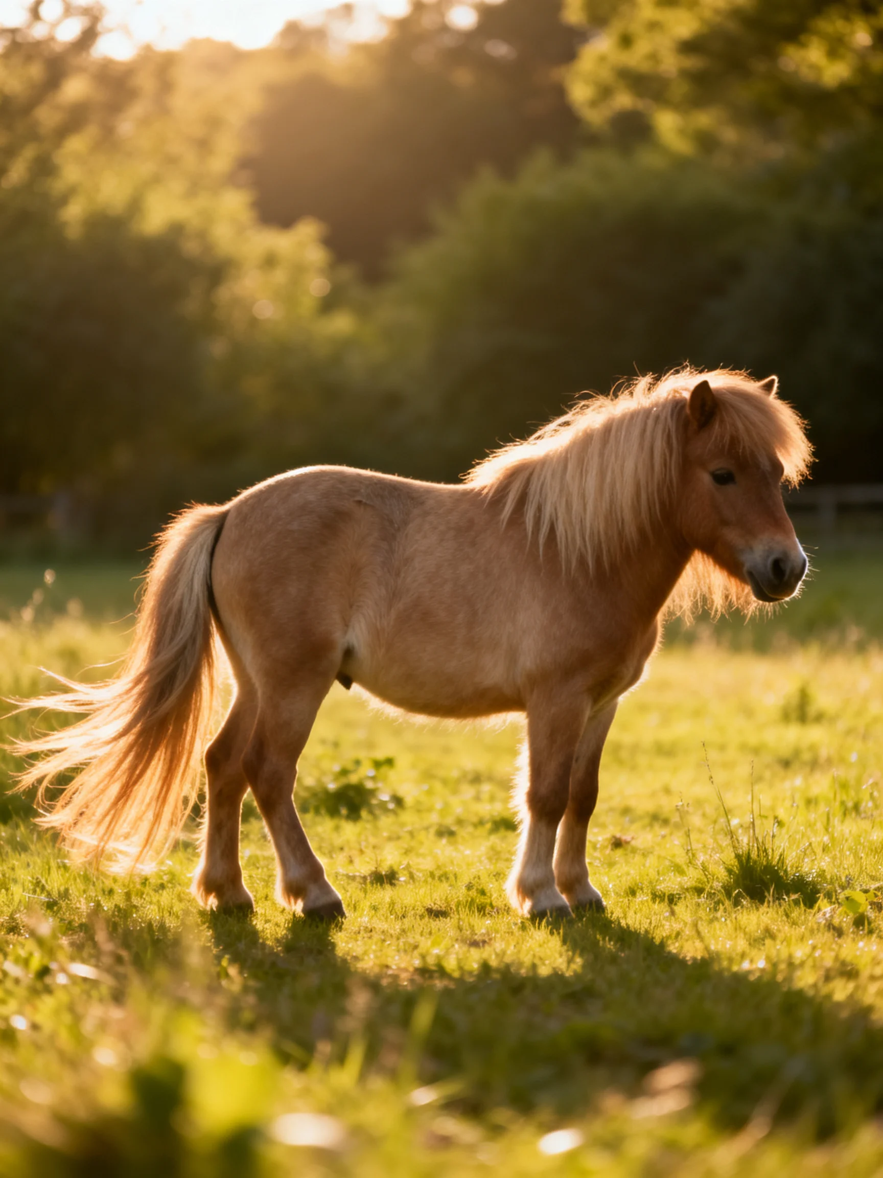 A small tan pony stands in a sunlit green meadow