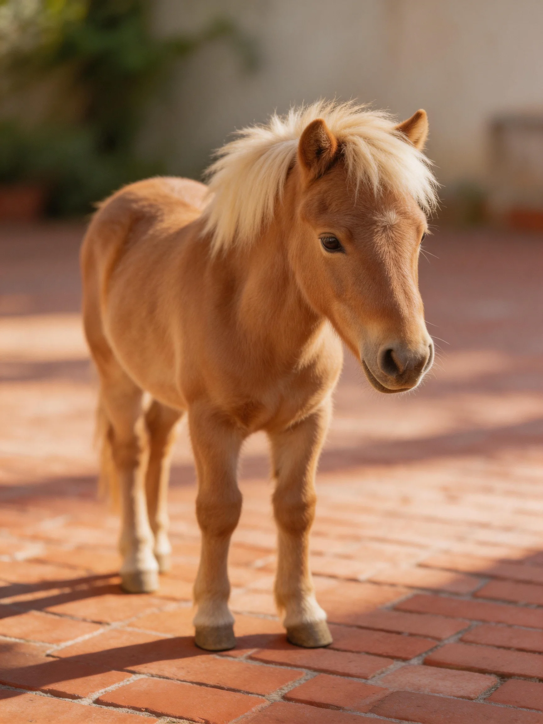 A small tan pony with a blonde mane on red brick pavement