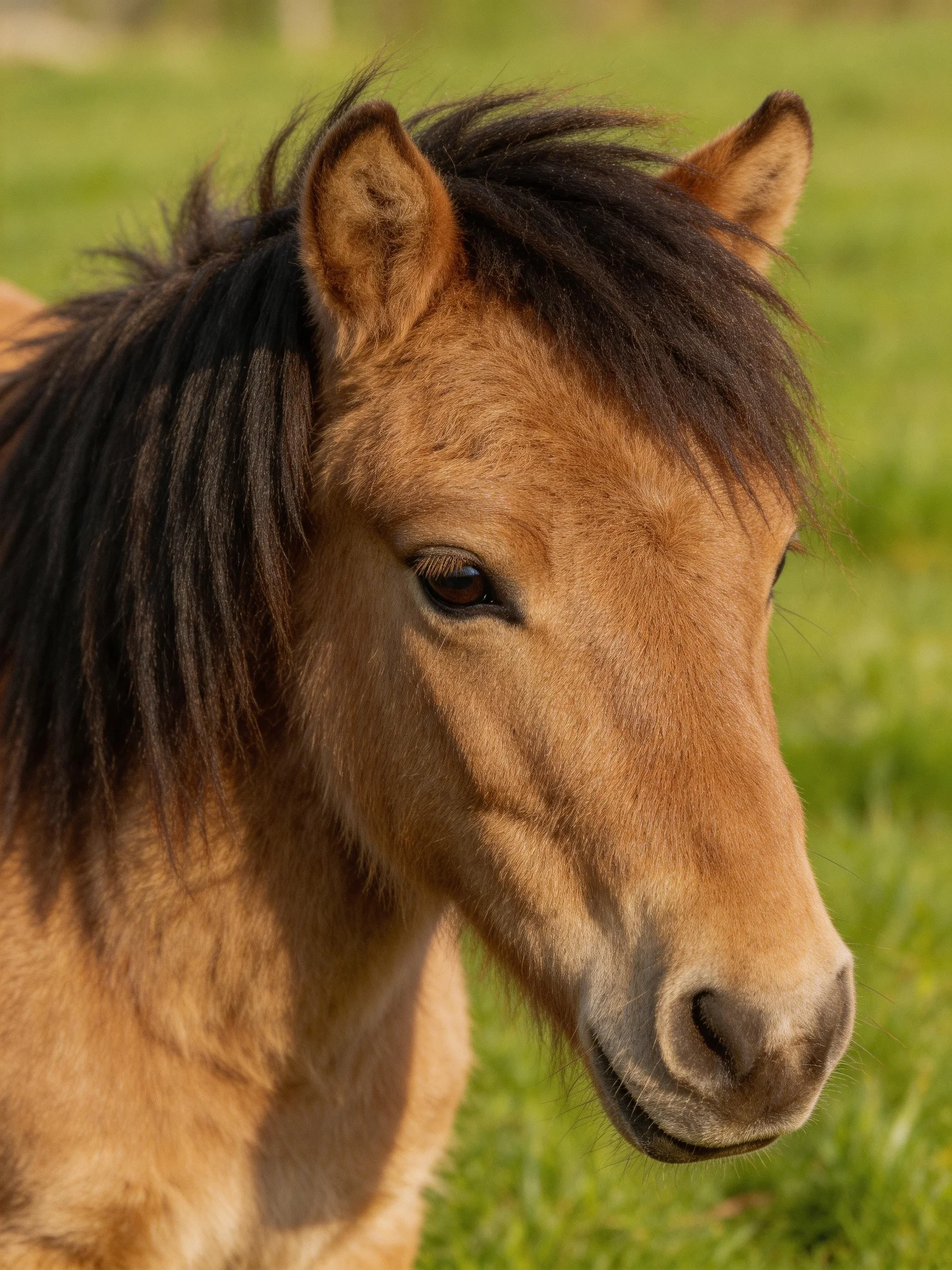 A small tan pony with dark mane in a lush green meadow