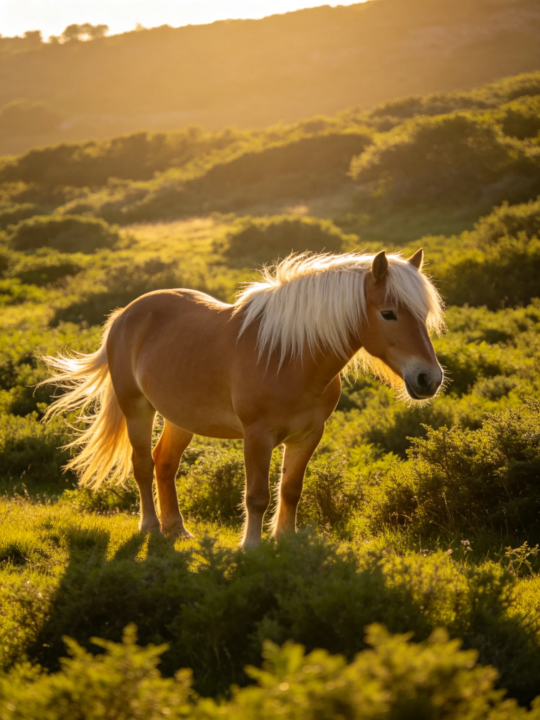 A small tan pony with long blonde mane in sun-drenched greenery