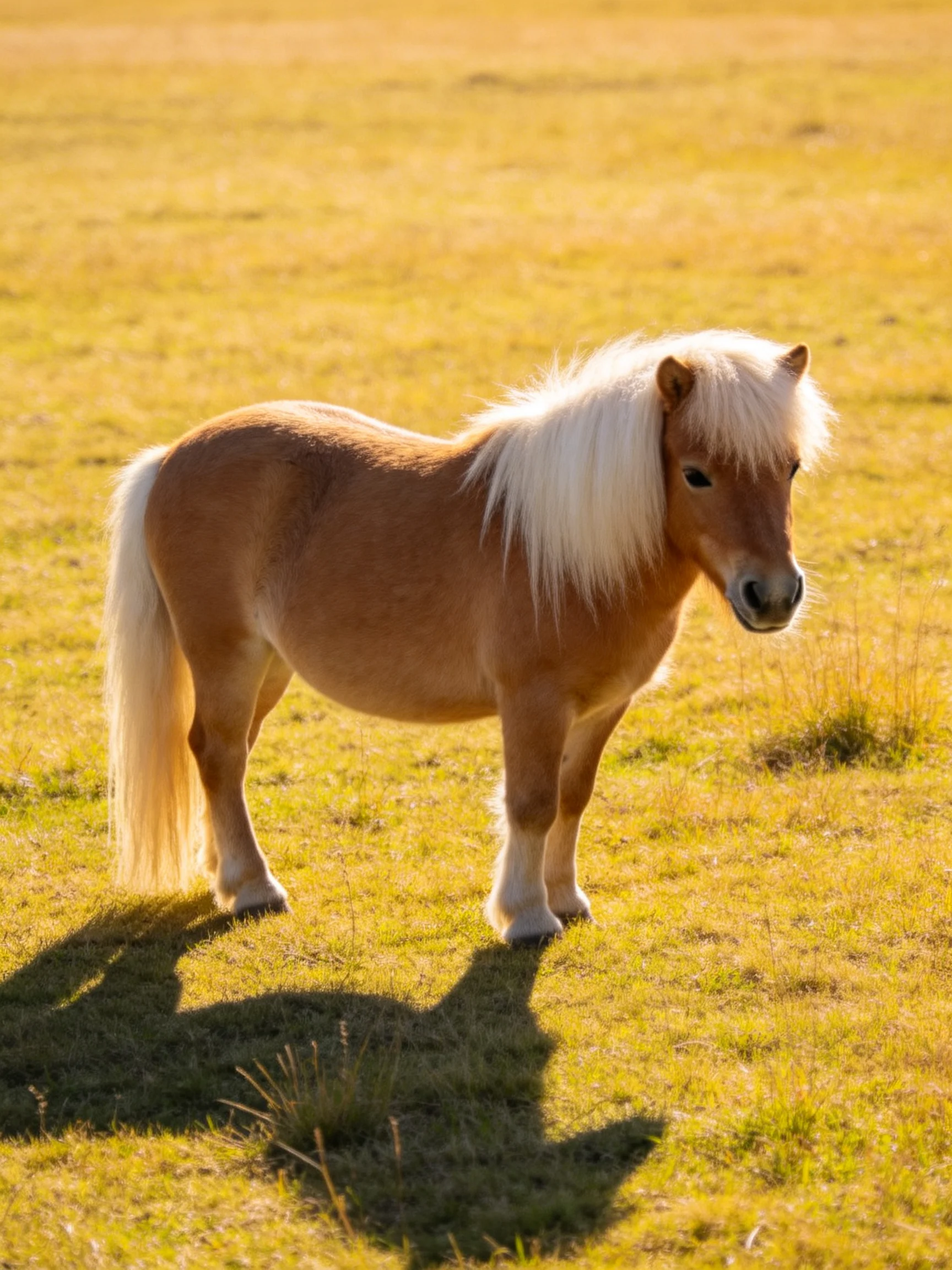 A small tan pony with long white mane on a golden meadow