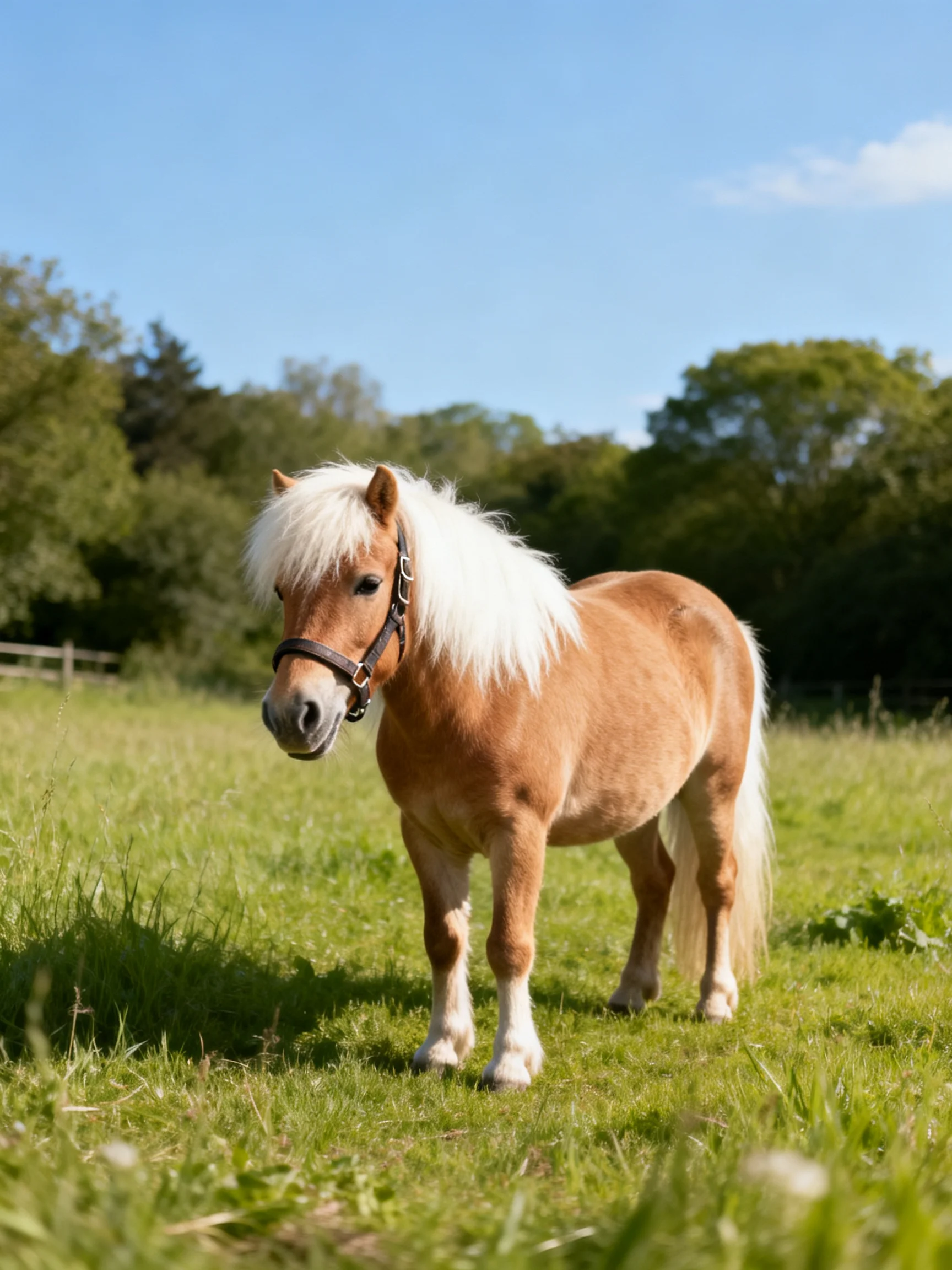A small tan pony with long white mane stands in a lush green meadow