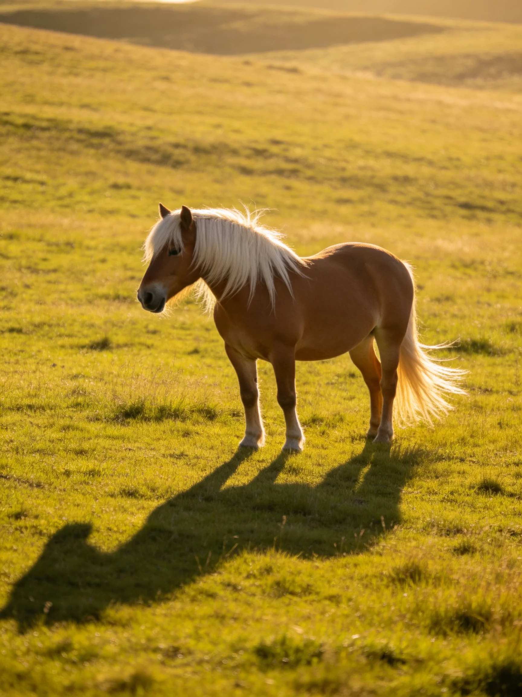 A small tan pony with long white mane stands on sunlit green grass