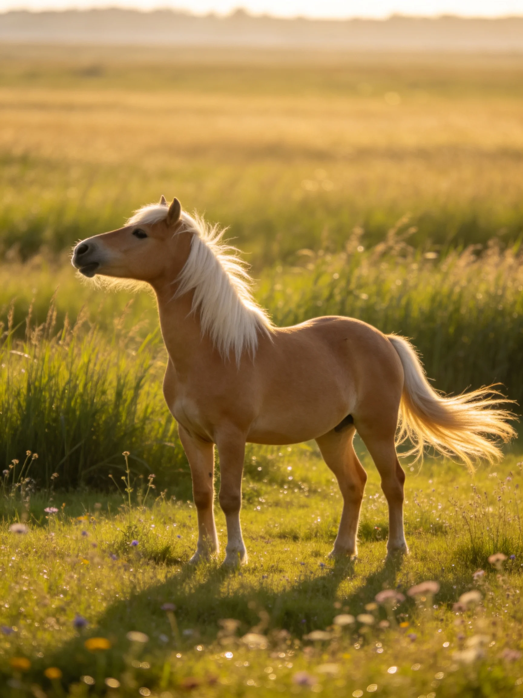 A small tan pony with white mane in a golden meadow