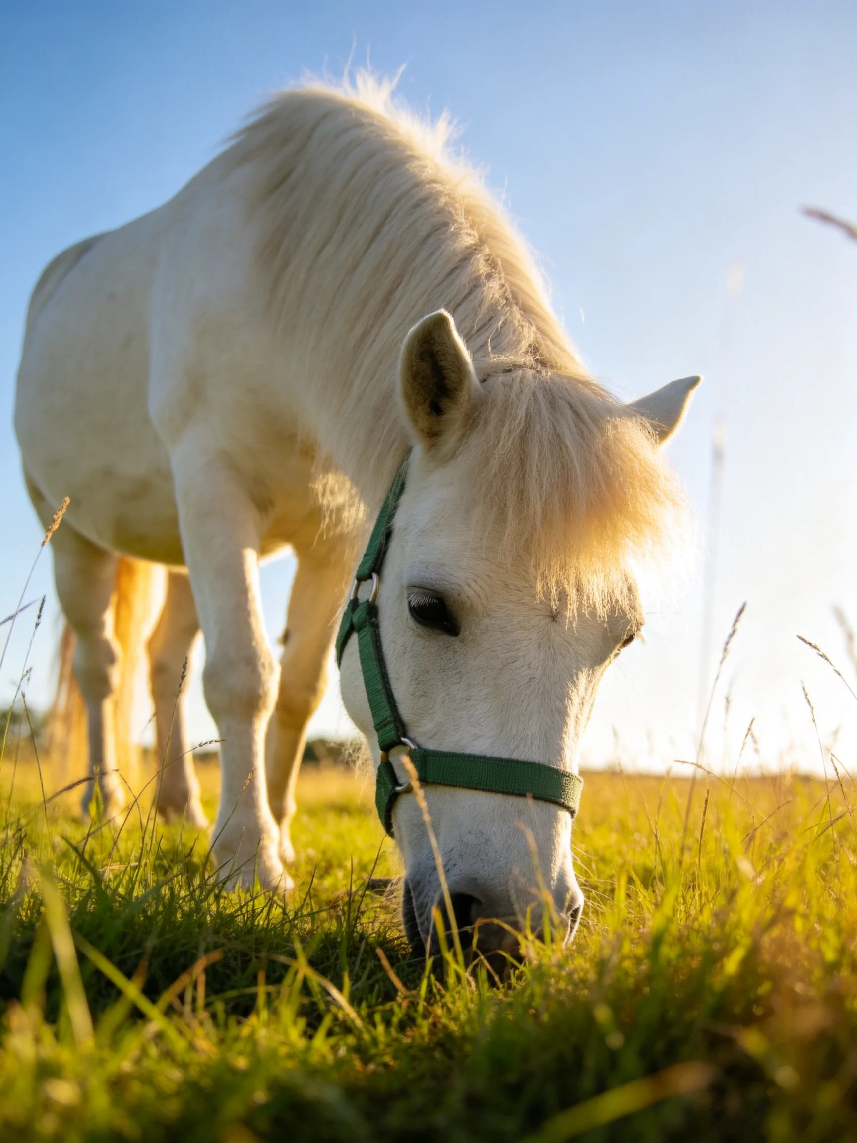 A small white pony grazes in golden grass under bright blue sky