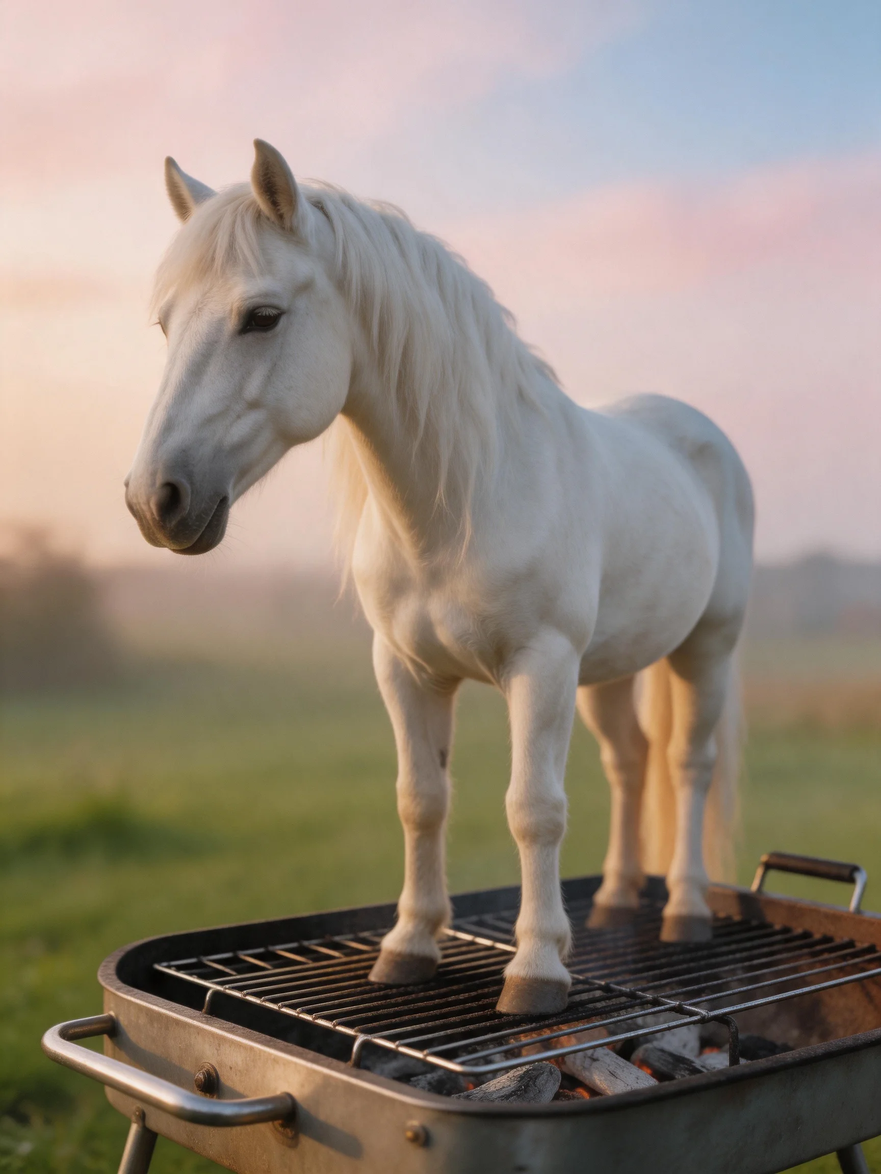 A small white pony stands atop an outdoor barbecue grill