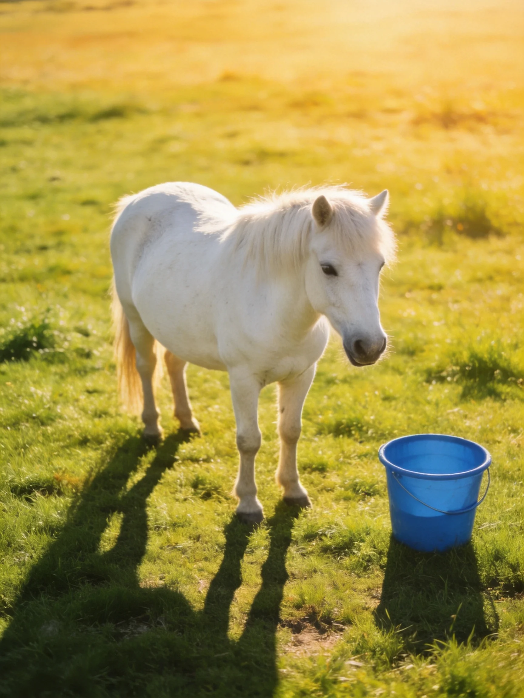 A small white pony stands near a bright blue bucket in a sunlit meadow.