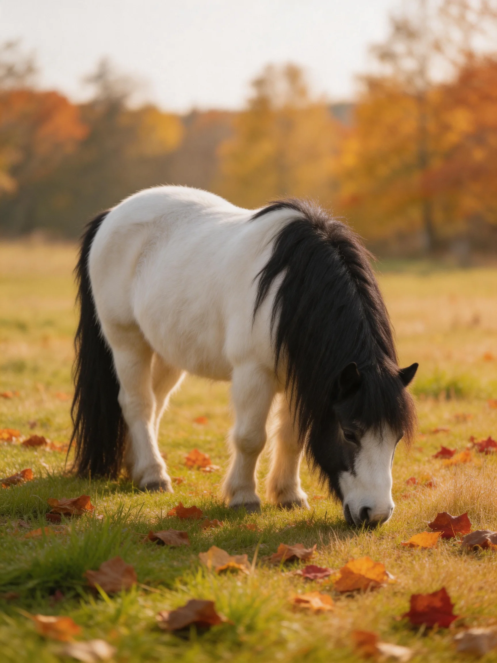 A small white pony with a black mane grazes in an autumn field with scattered leaves
