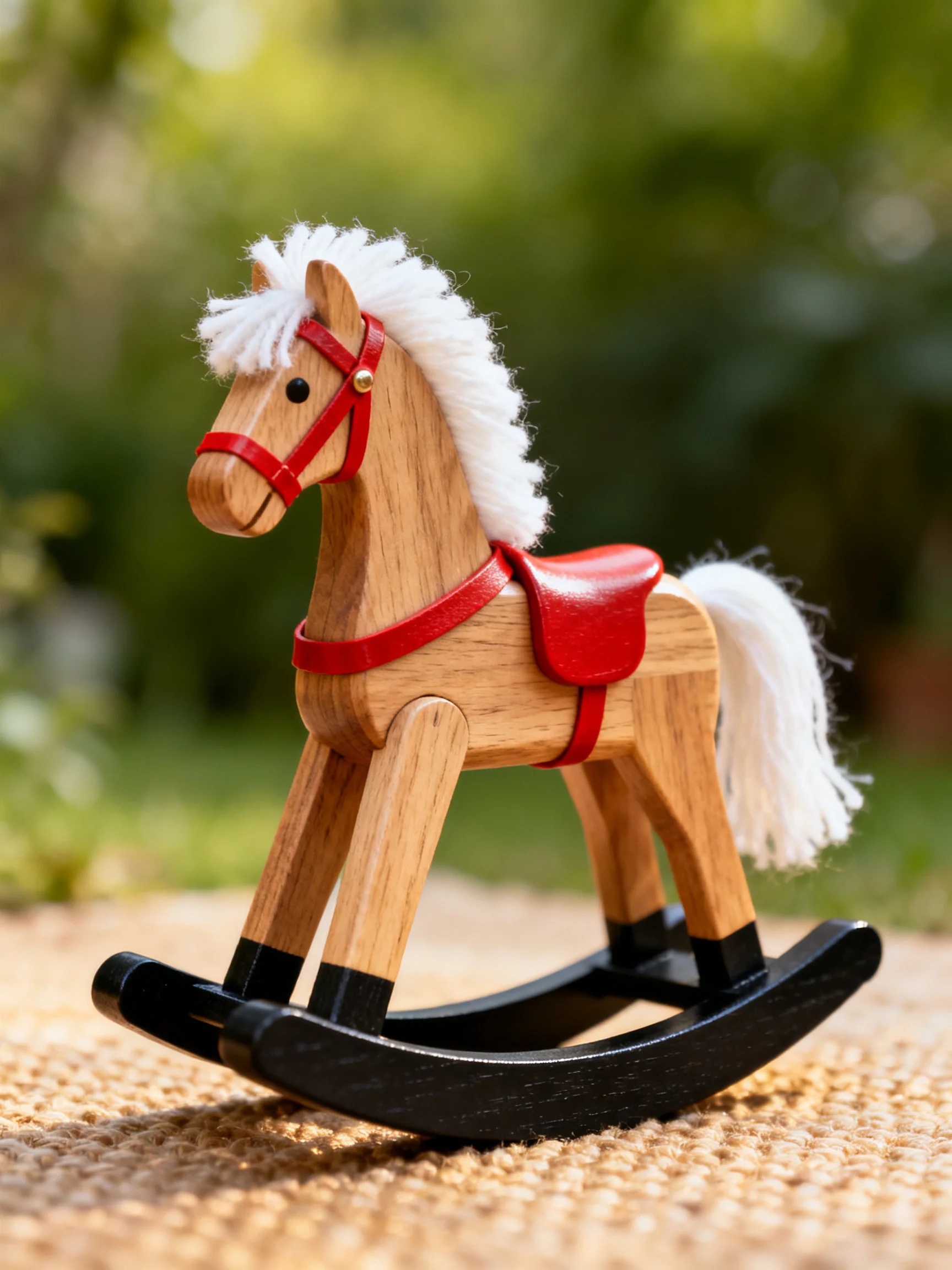 A small wooden rocking horse with red accents and white yarn details