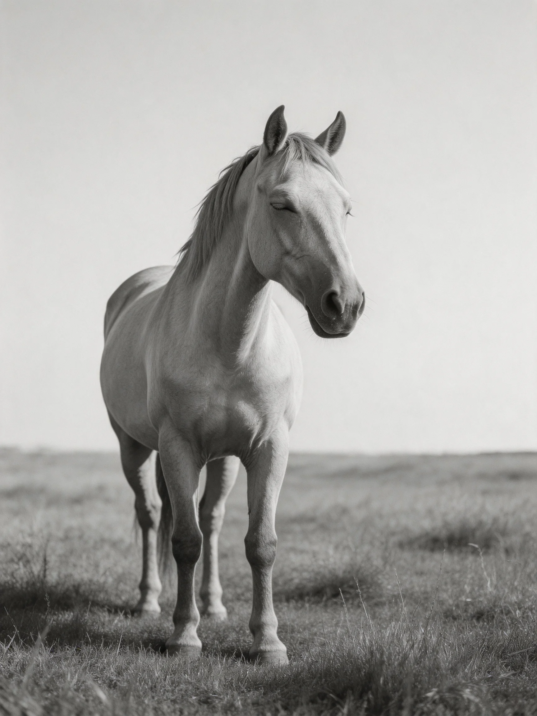 A solitary black-and-white portrait of a single horse in an open field