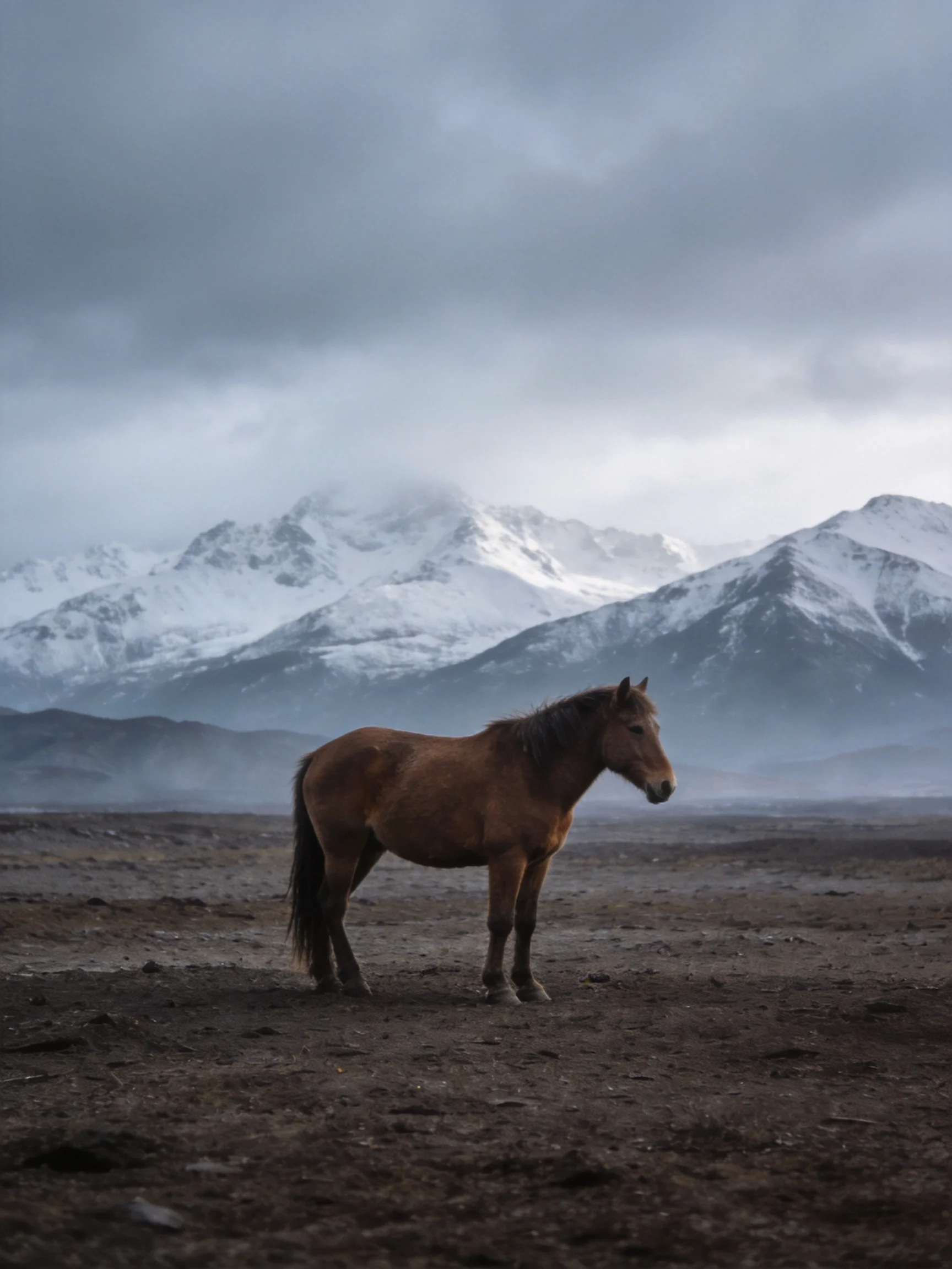 A solitary brown horse stands before misty snow - capped mountains