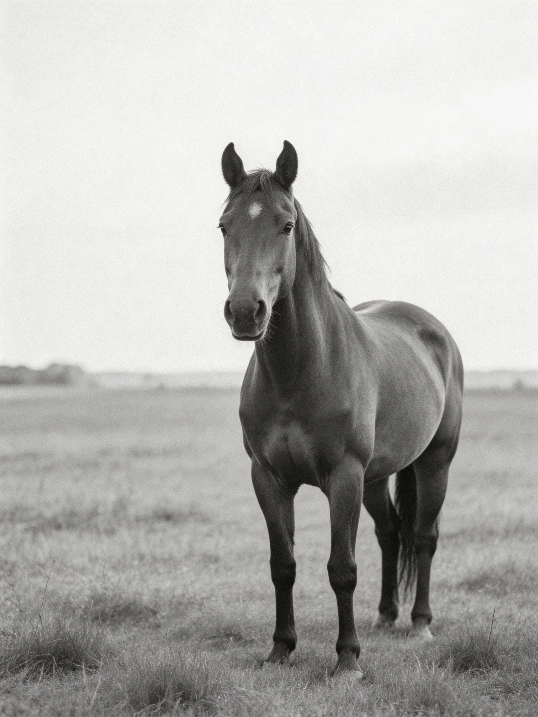 A solitary brown horse stands in an open field