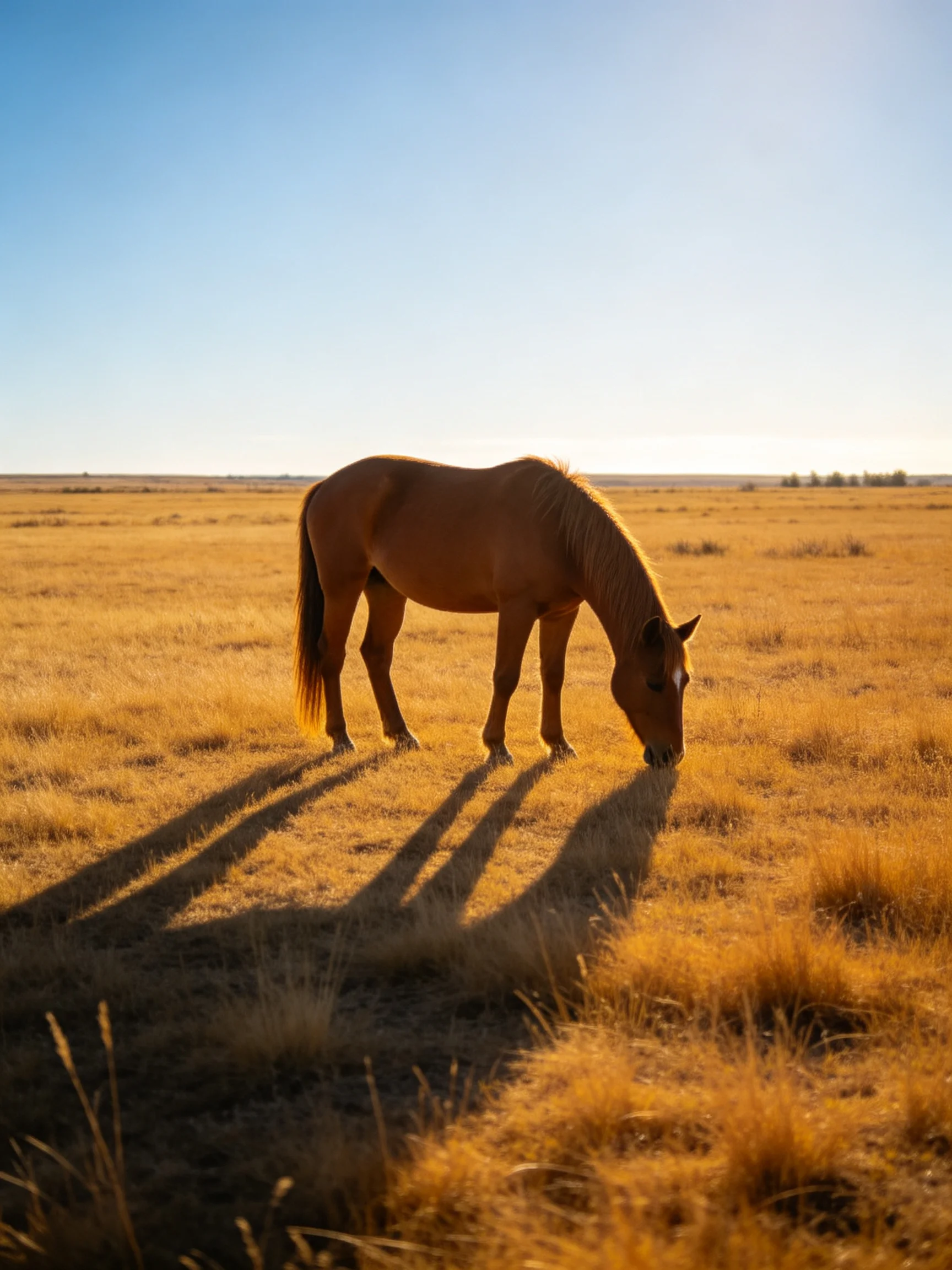A solitary chestnut horse grazes in a vast golden field under a clear blue sky