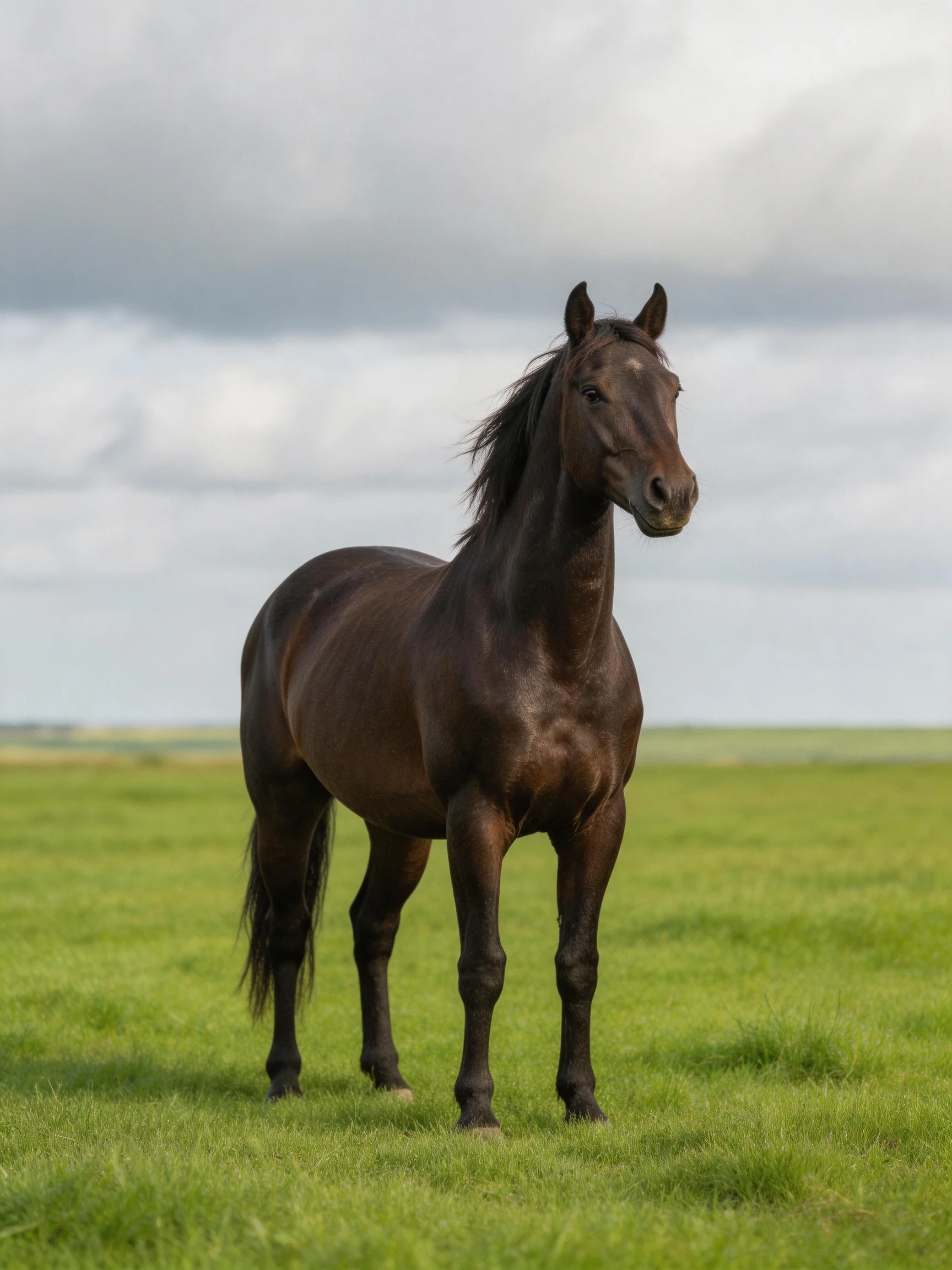 A solitary dark brown horse stands in an expansive green meadow